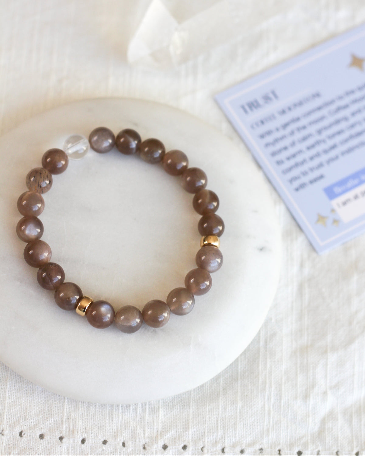Handmade Coffee Moonstone beaded bracelet featuring smooth, round 8mm AAA gemstones.