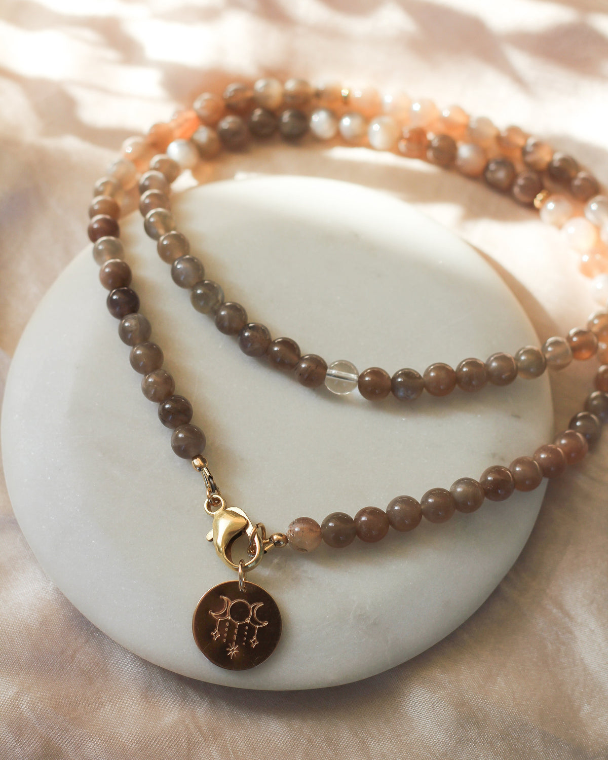 Handmade Coffee Moonstone beaded necklace featuring smooth, round 6mm AAA gemstones.