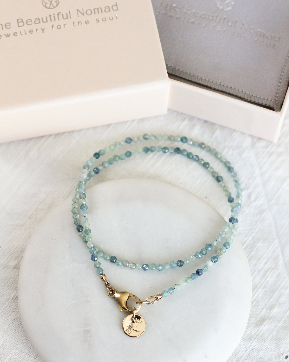 Handmade Kyanite beaded necklace featuring rare, bicolour 3mm faceted gemstones with gift box
