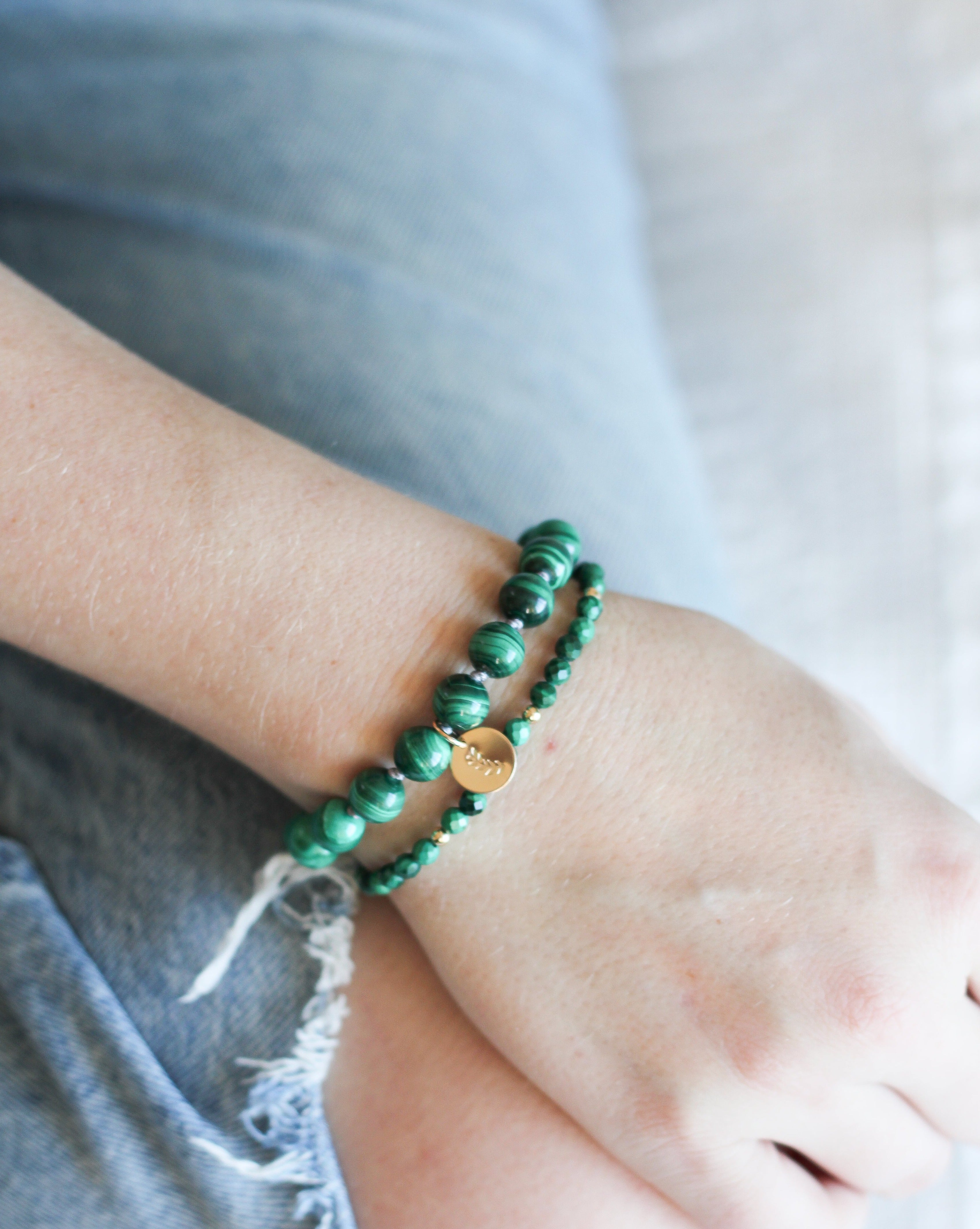 malachite mala bracelet with gold charm