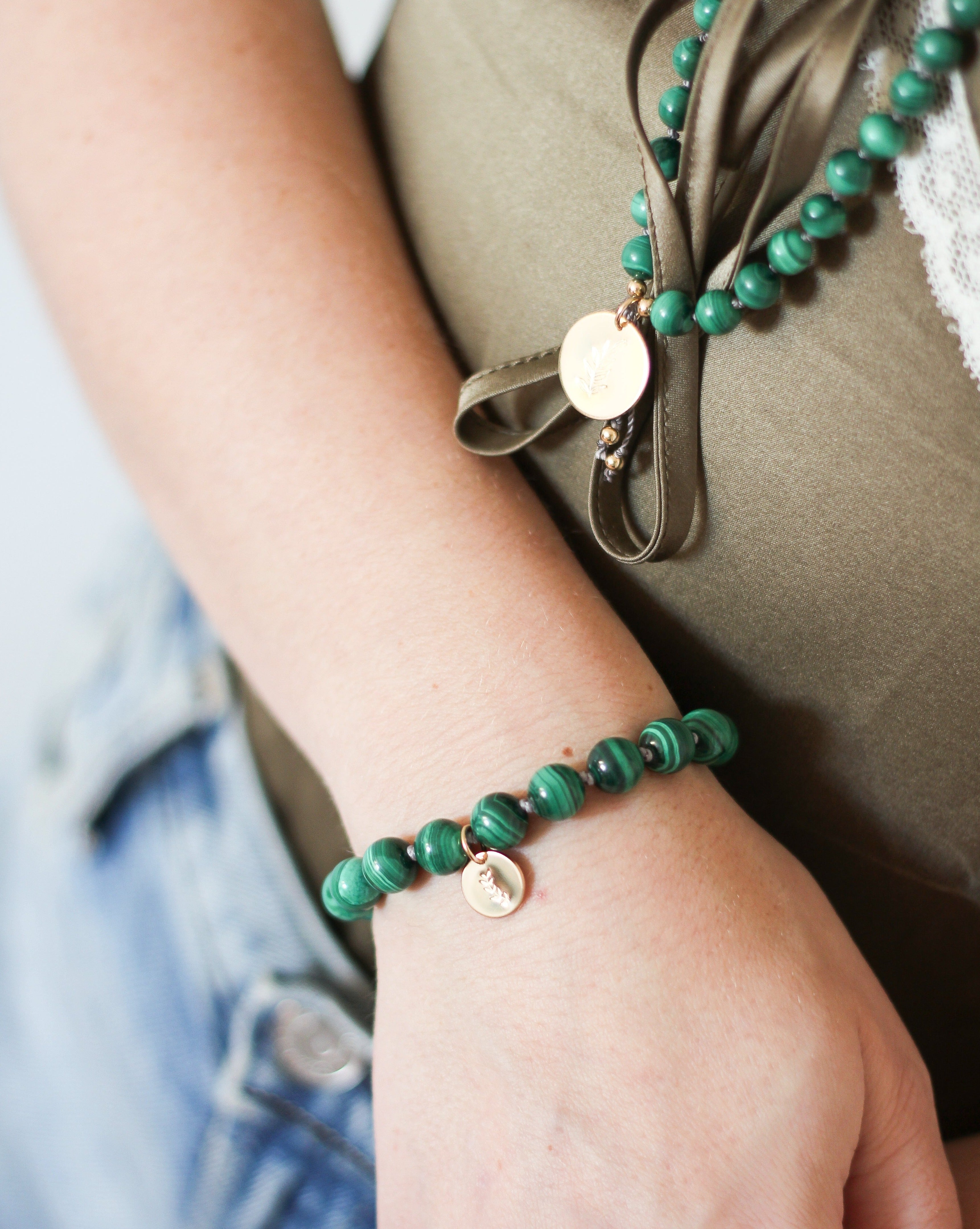 malachite mala bracelet with gold charm
