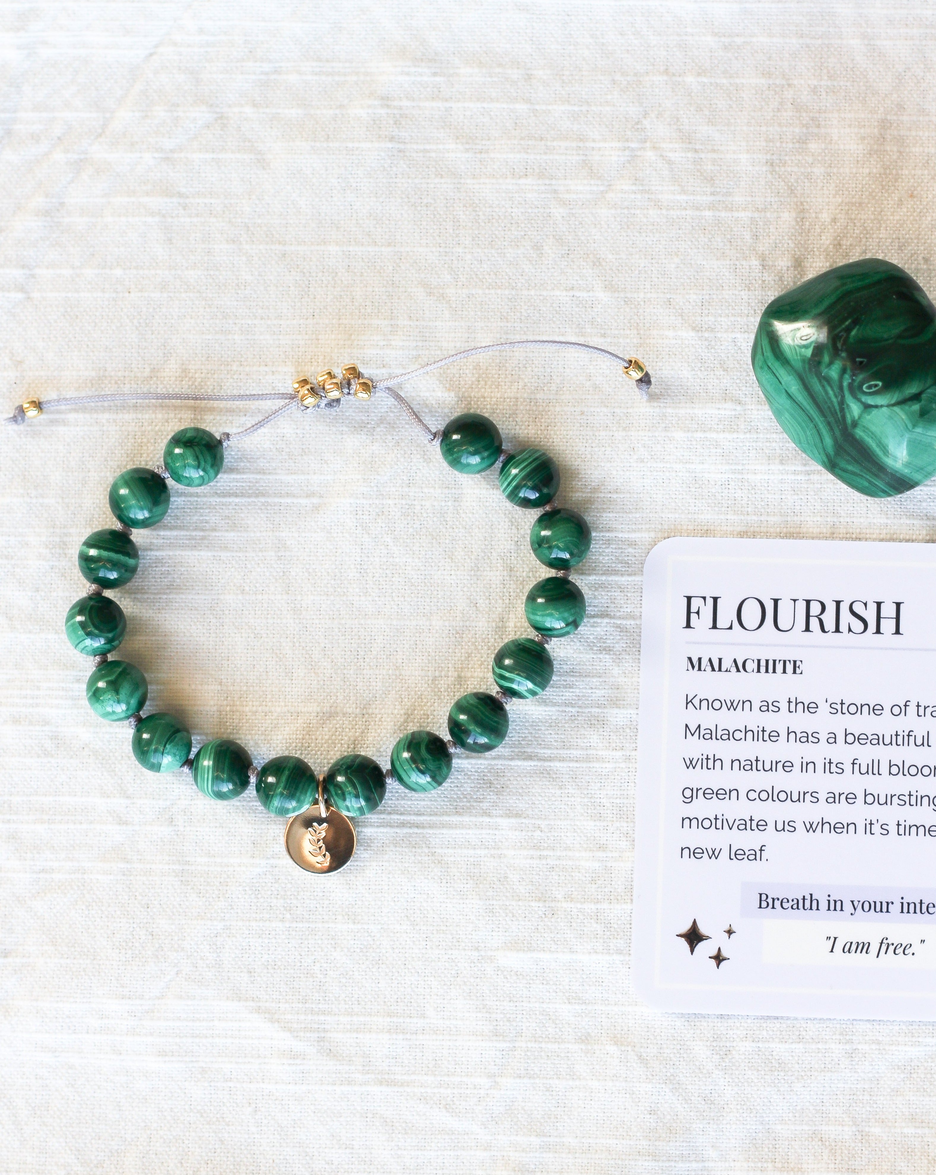 malachite mala bracelet with gold charm