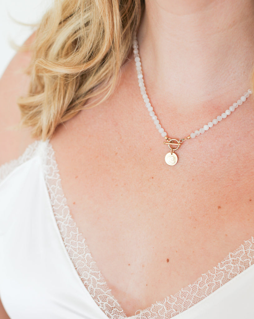 moonstone intention necklace with gold moon charm