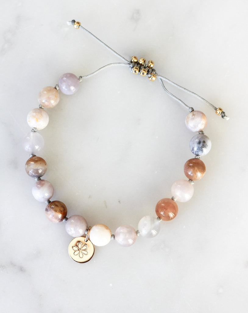 agate mala beads bracelet with gold daisy charm