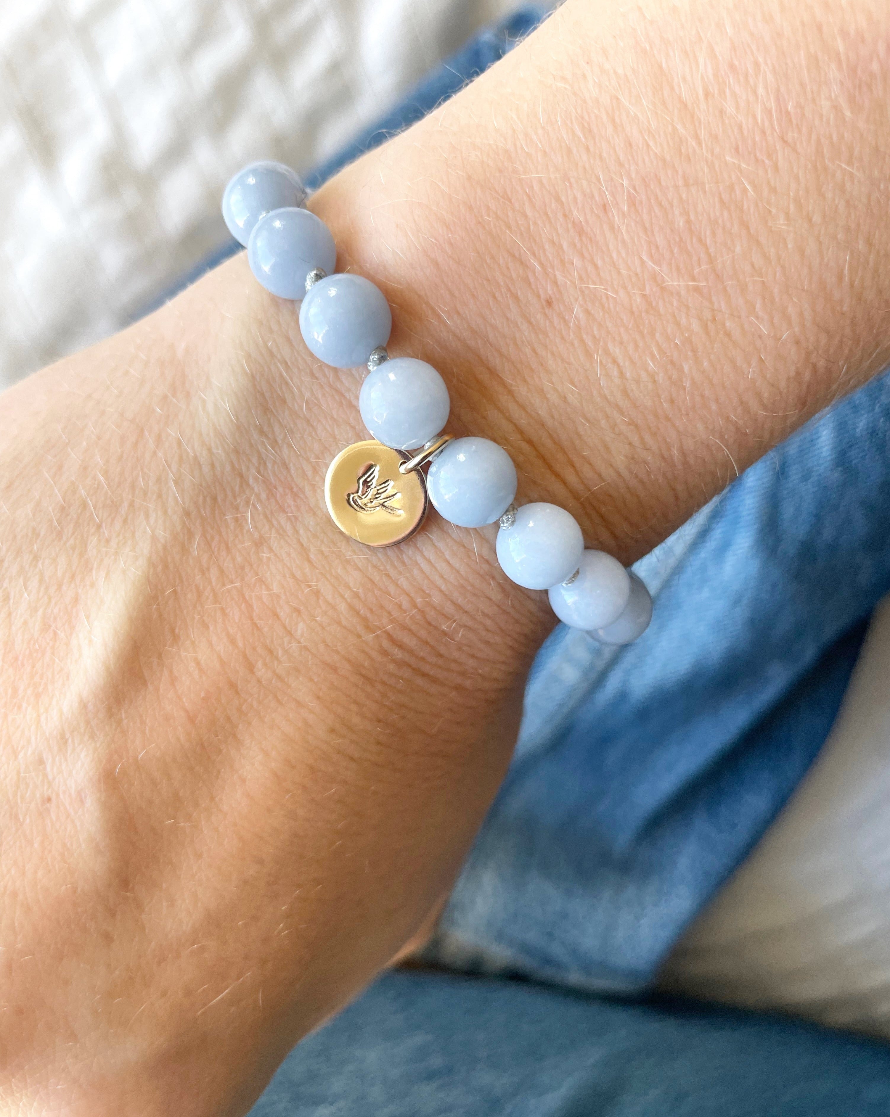angelite mala beads bracelet on model