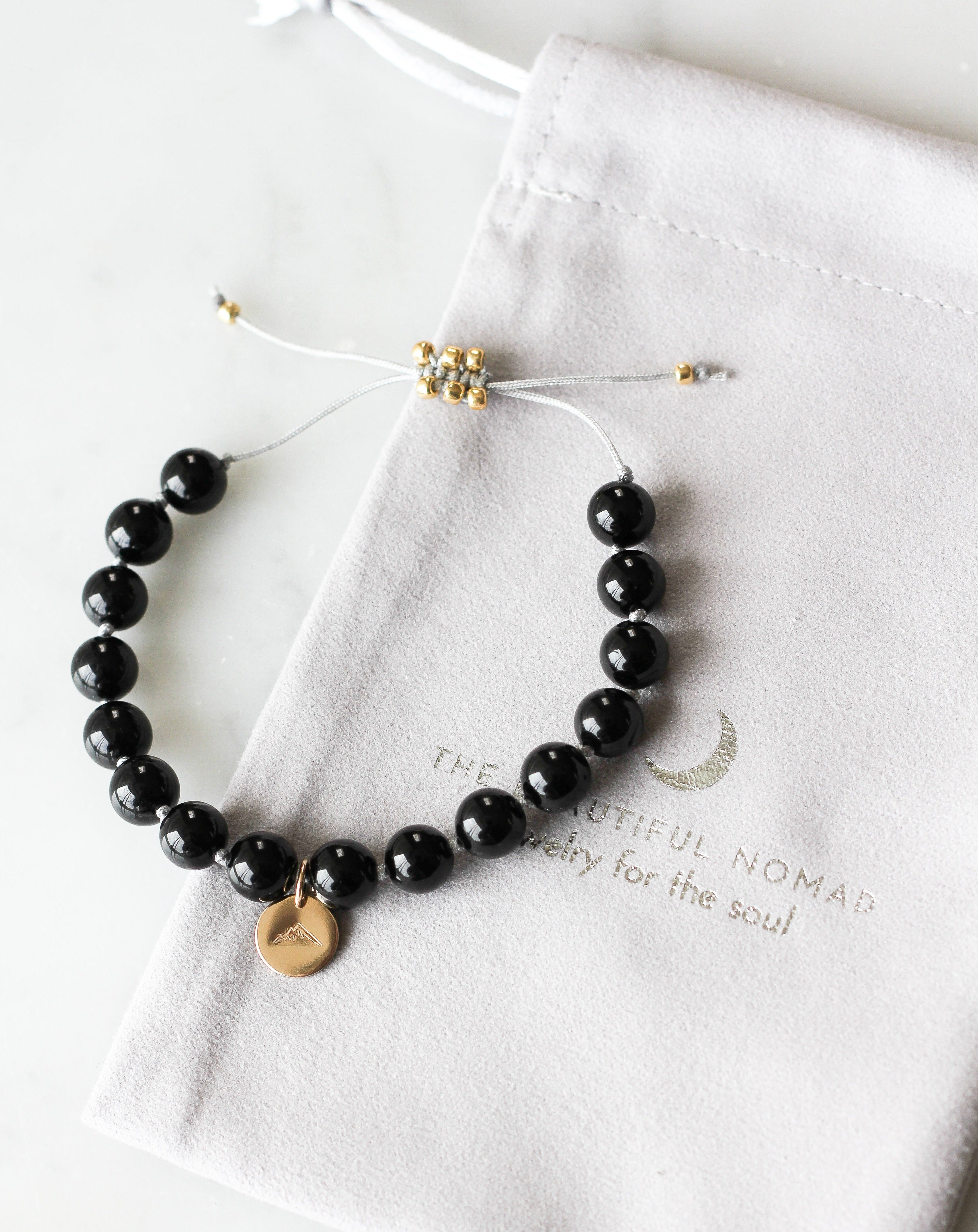 black tourmaline mala bracelet with mountain charm