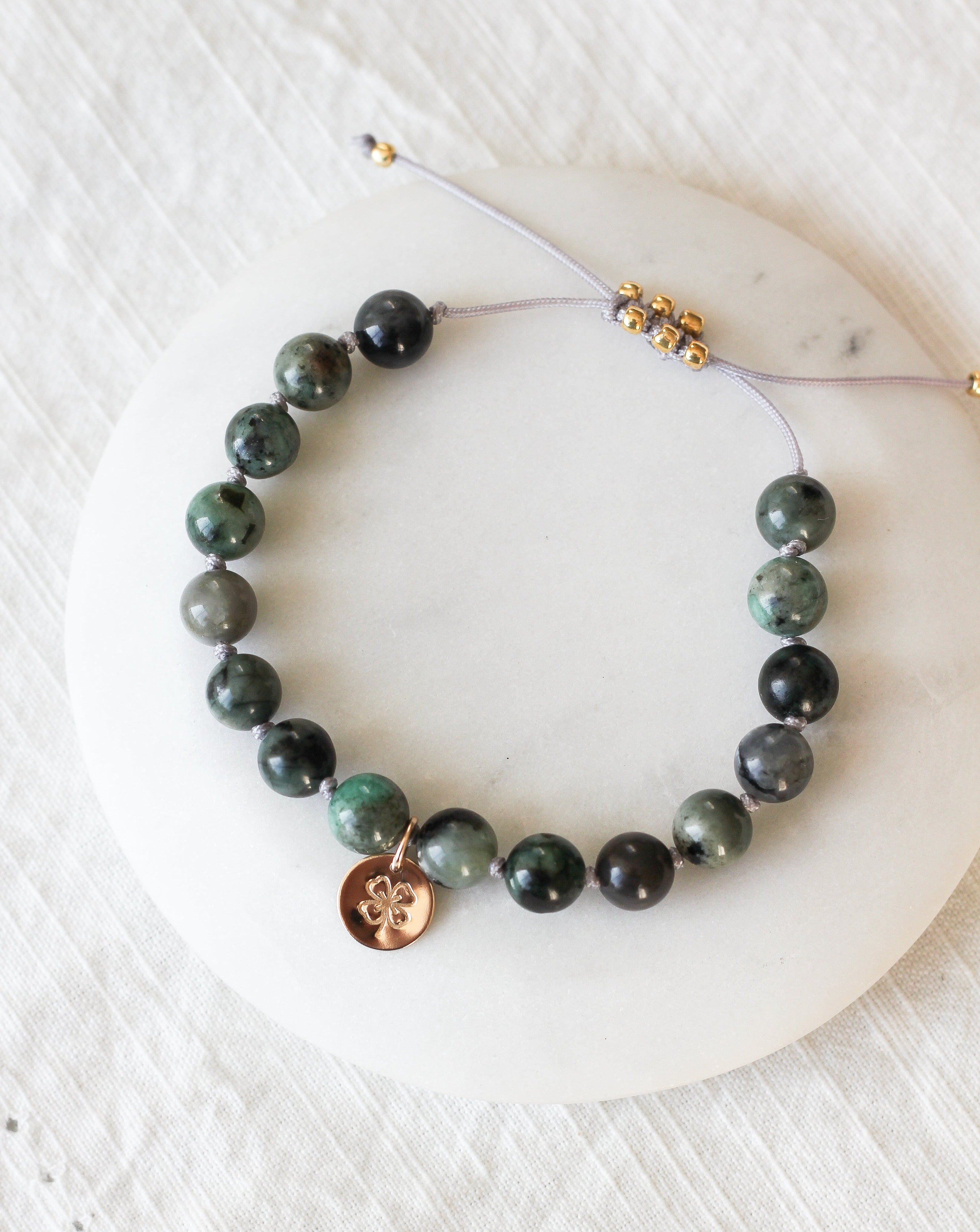 Emerald Mala Bracelet with clover charm