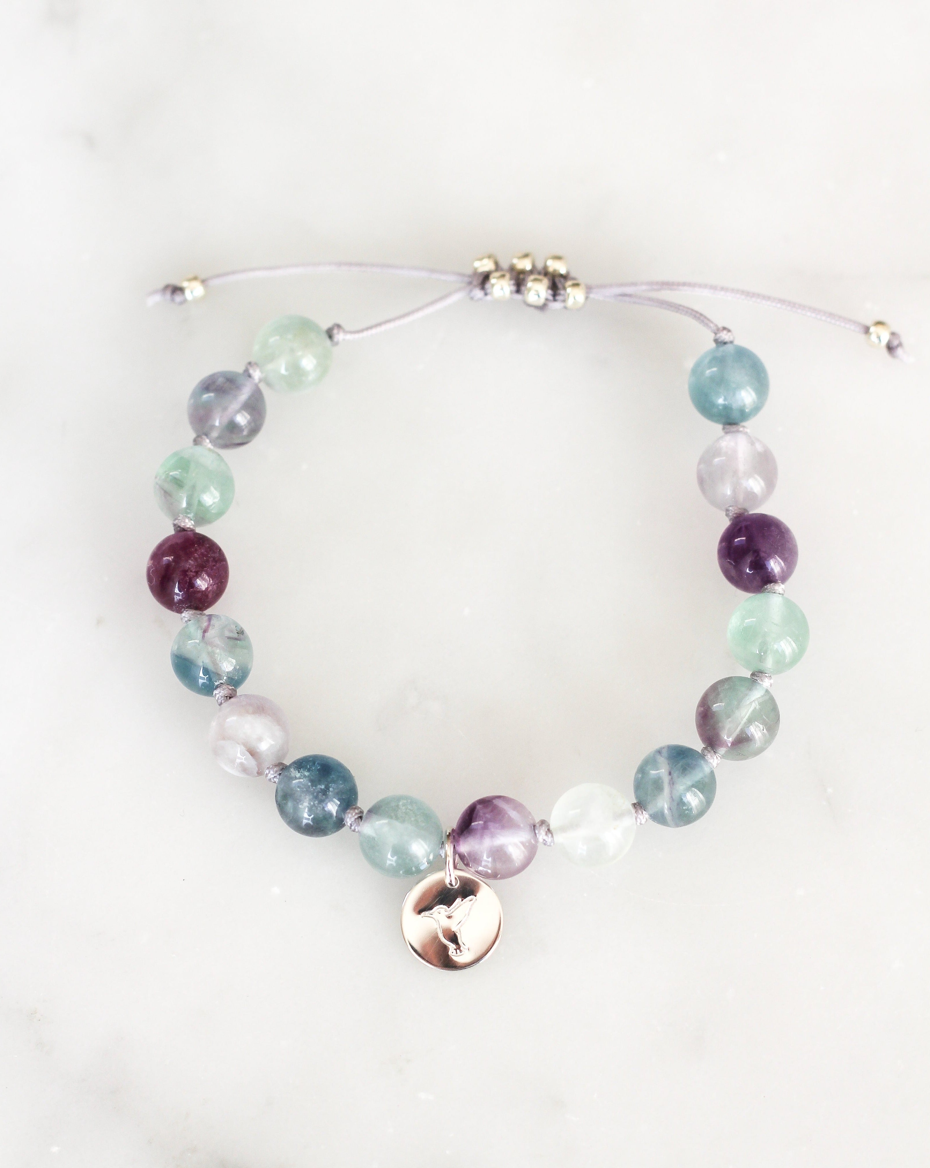 Fluorite Mala Bracelet with Hummingbird charm