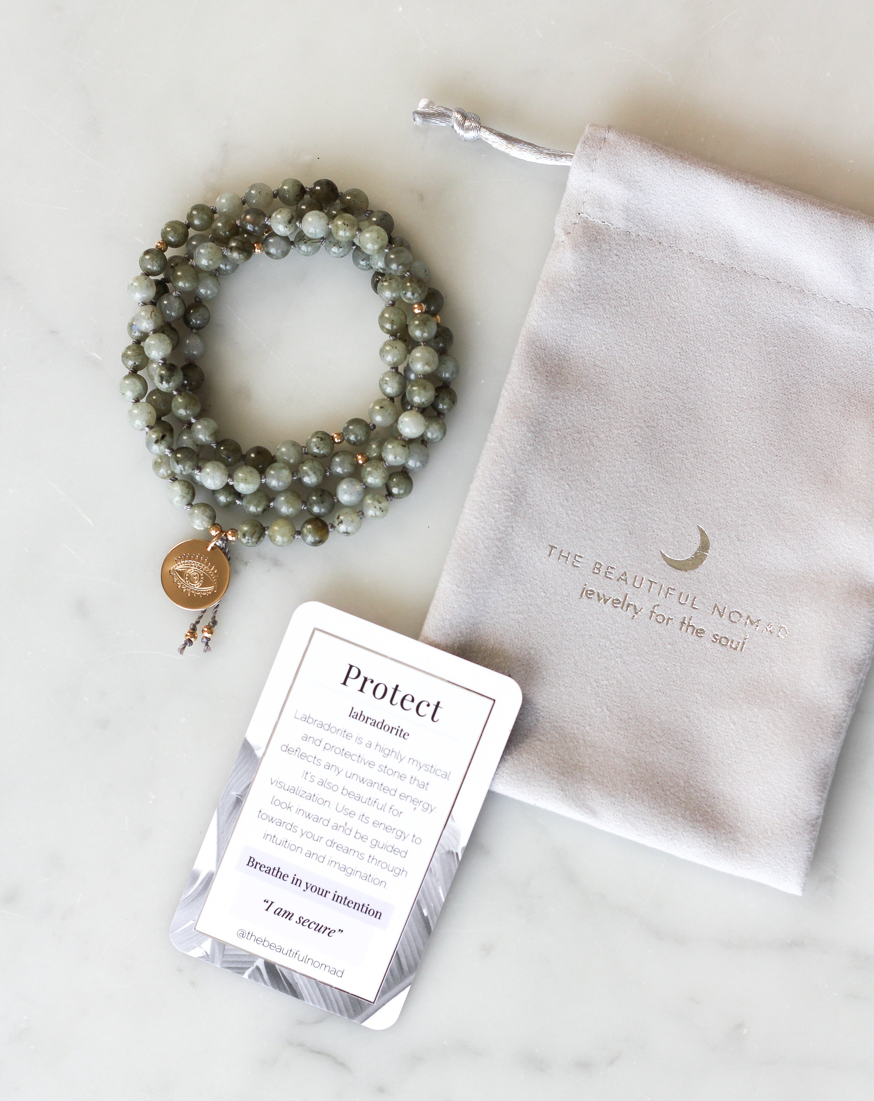 Labradorite Mala Pendant Necklace with meaning card