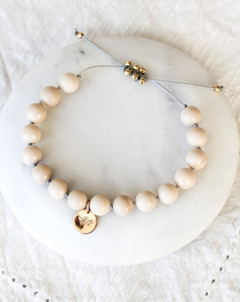riverstone mala beads bracelet with dragonfly charm