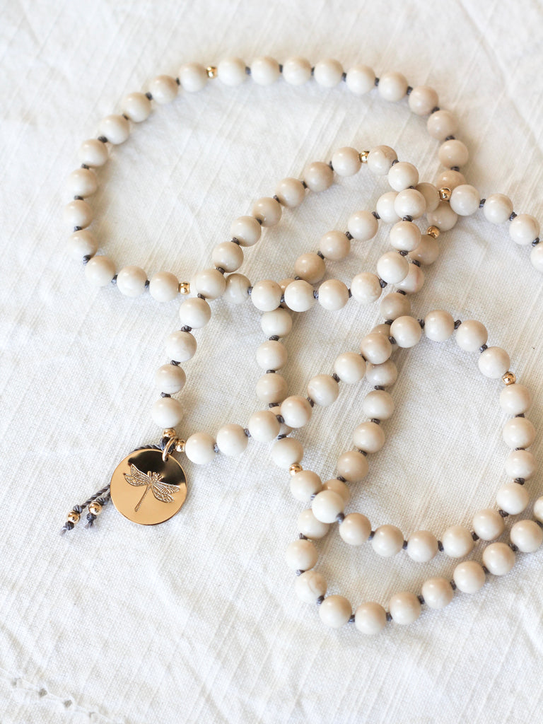 riverstone mala pendant necklace with dragonfly pendant