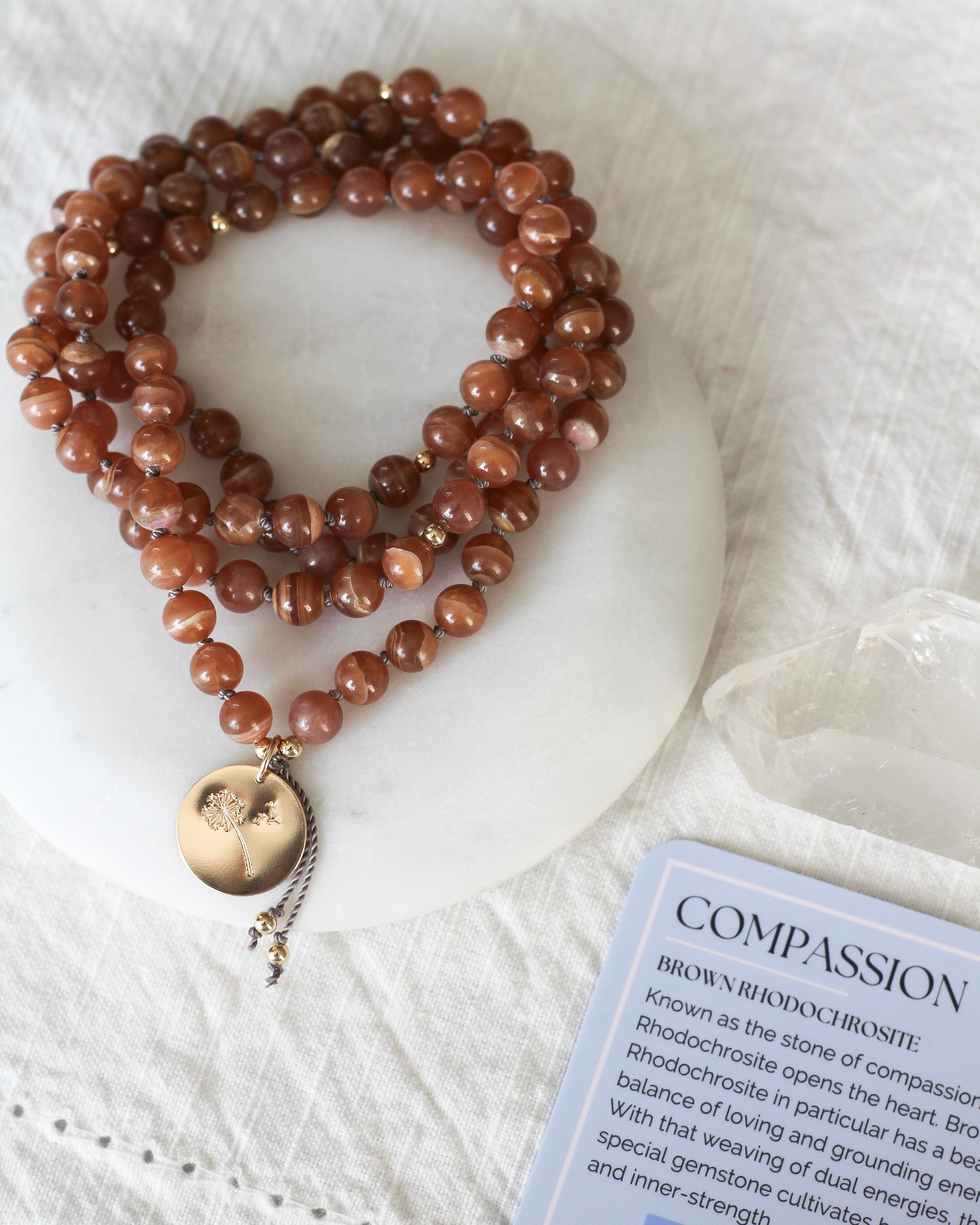 Compassion Mala Pendant Necklace | Brown Rhodochrosite