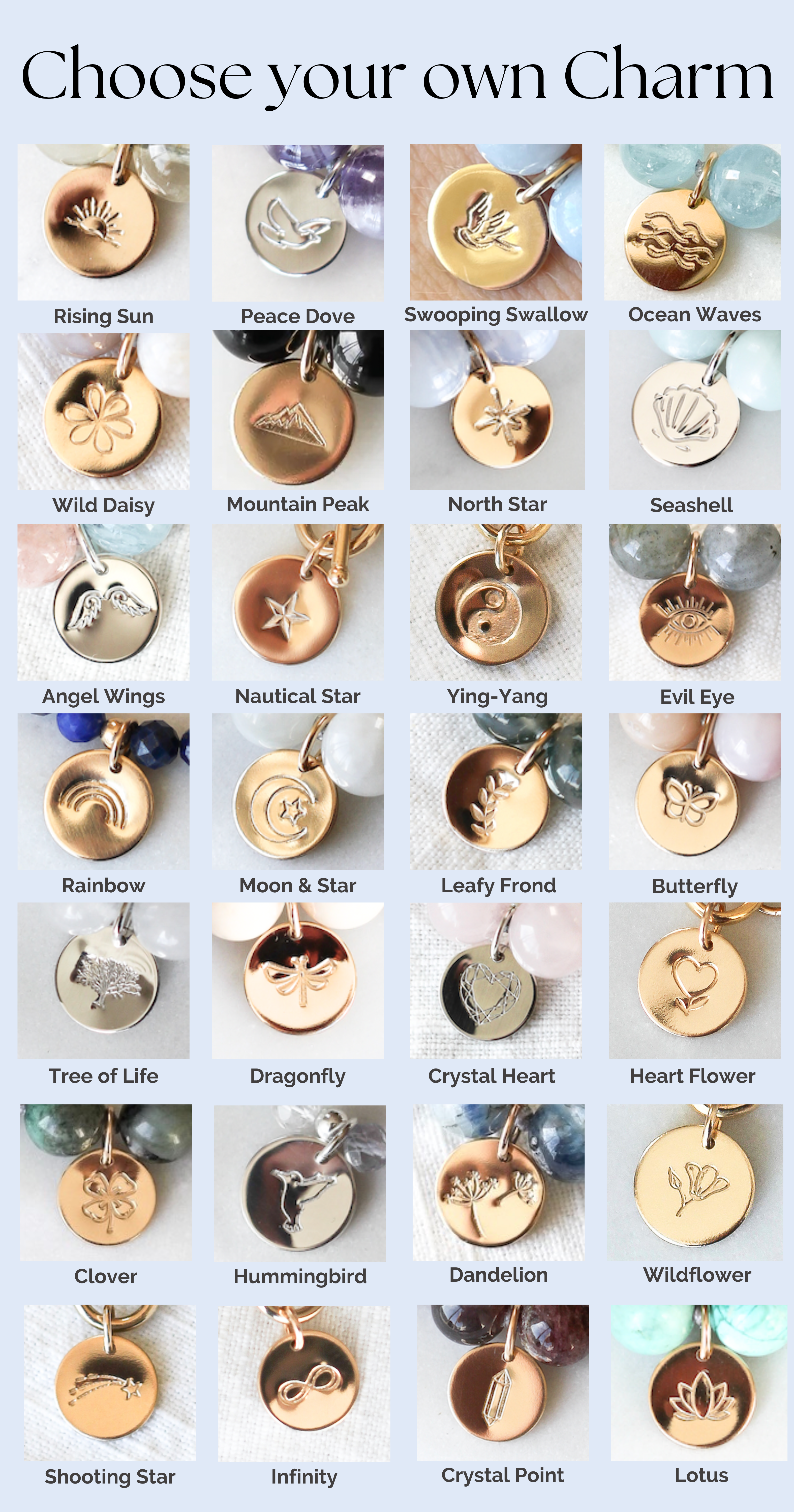 Collection of various charm options with descriptions on a white background