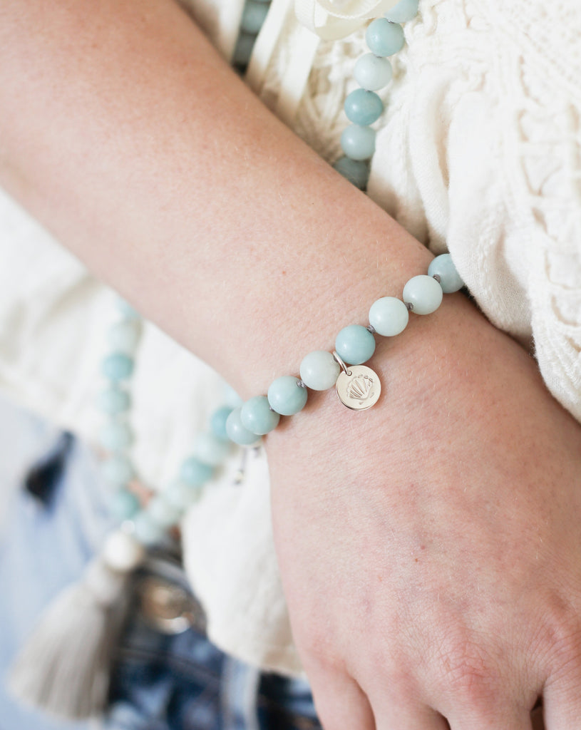 soothe mala bracelet with amazonite beads and silver charm