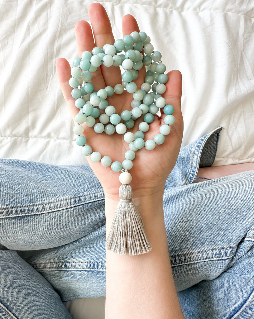 soothe mala necklace with amazonite beads