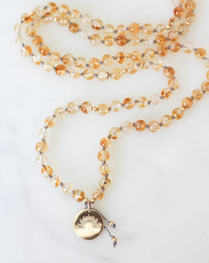citrine mala pendant necklace with gold sun pendant