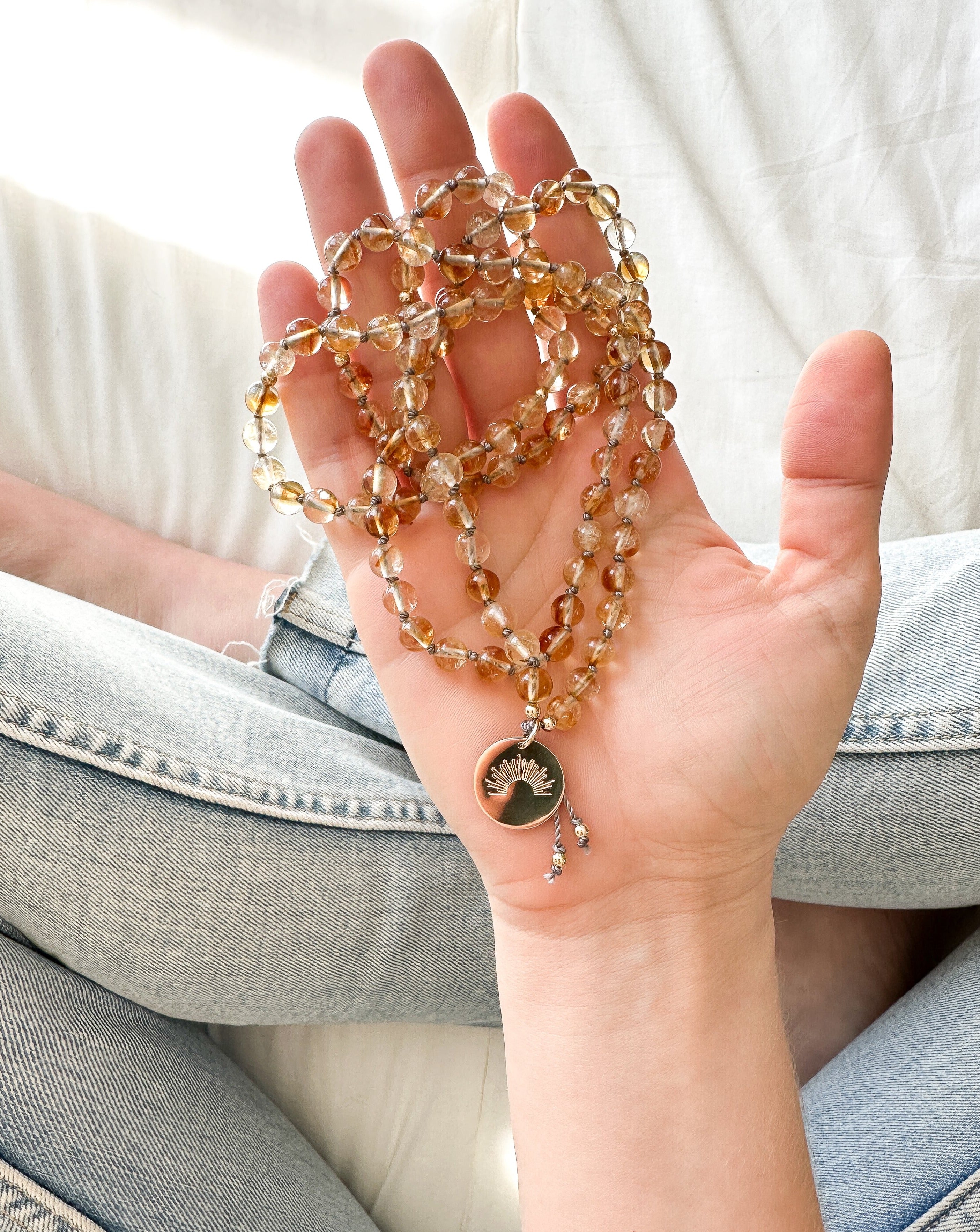 citrine mala pendant necklace with gold sun pendant