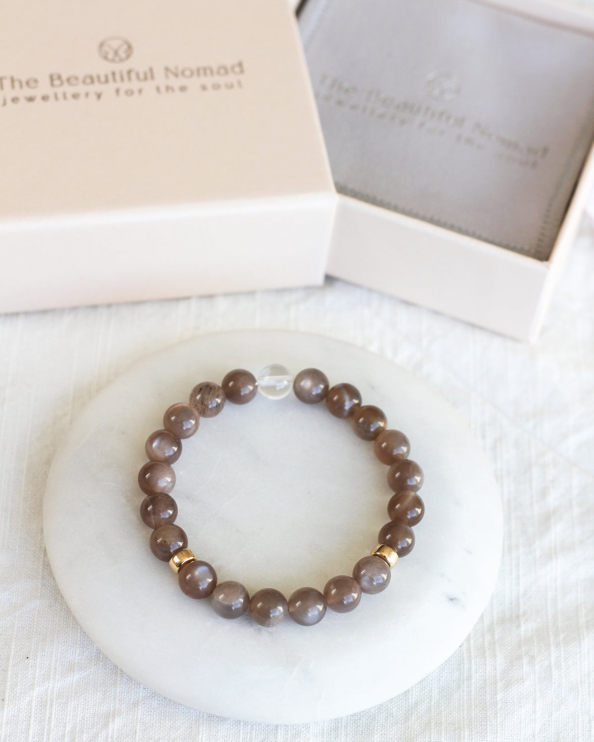 Handmade Coffee Moonstone beaded bracelet featuring smooth, round 8mm AAA gemstones with gift box