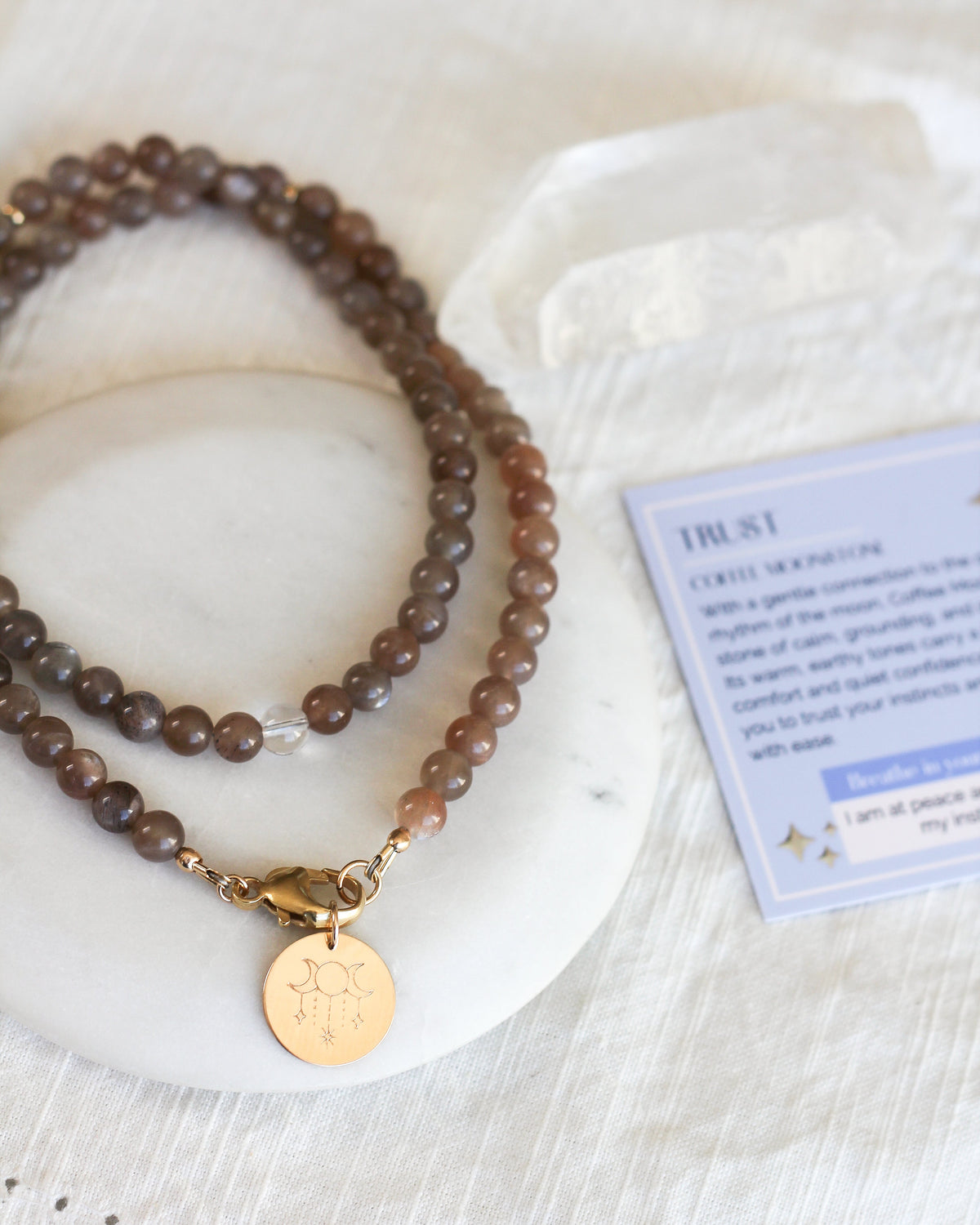 Handmade Coffee Moonstone beaded necklace featuring smooth, round 6mm AAA gemstones.