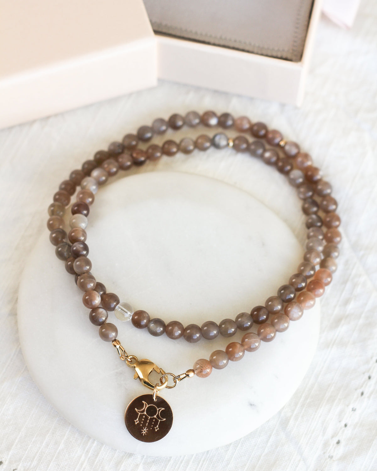 Handmade Coffee Moonstone beaded necklace featuring smooth, round 6mm AAA gemstones.