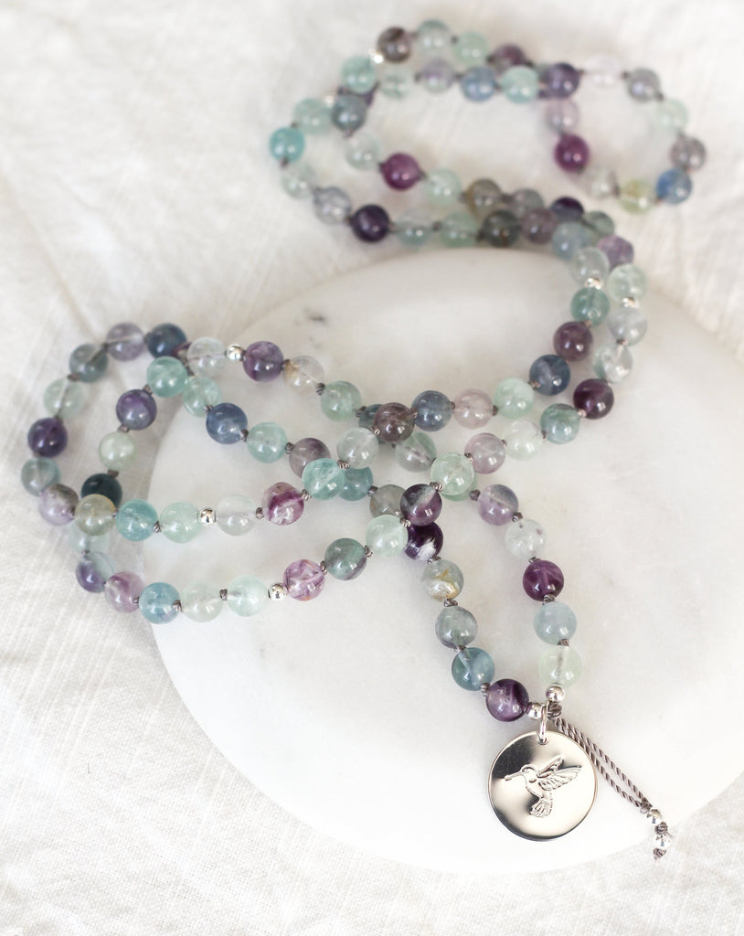 Fluorite mala beads necklace with pendant