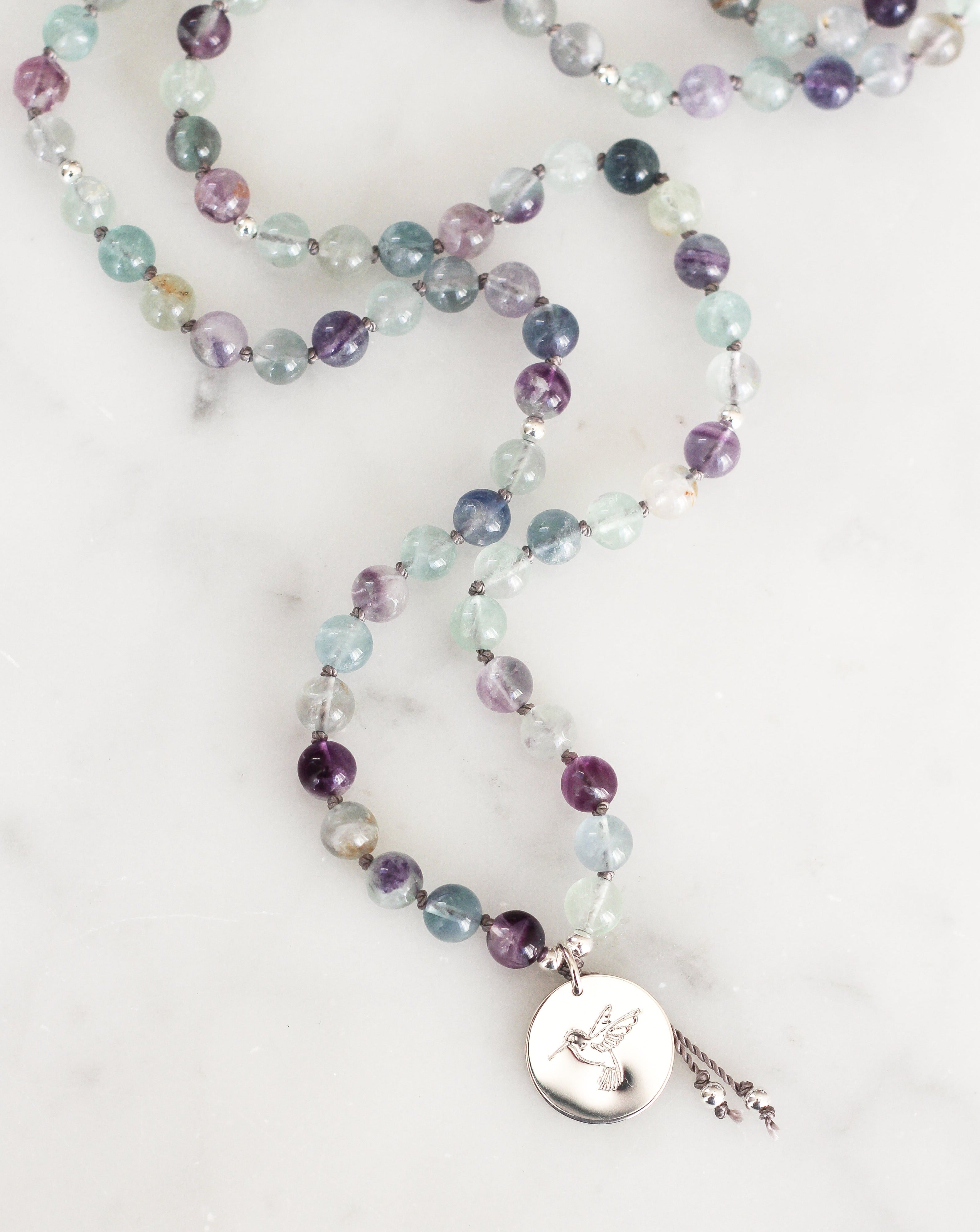 Fluorite mala beads necklace with pendant