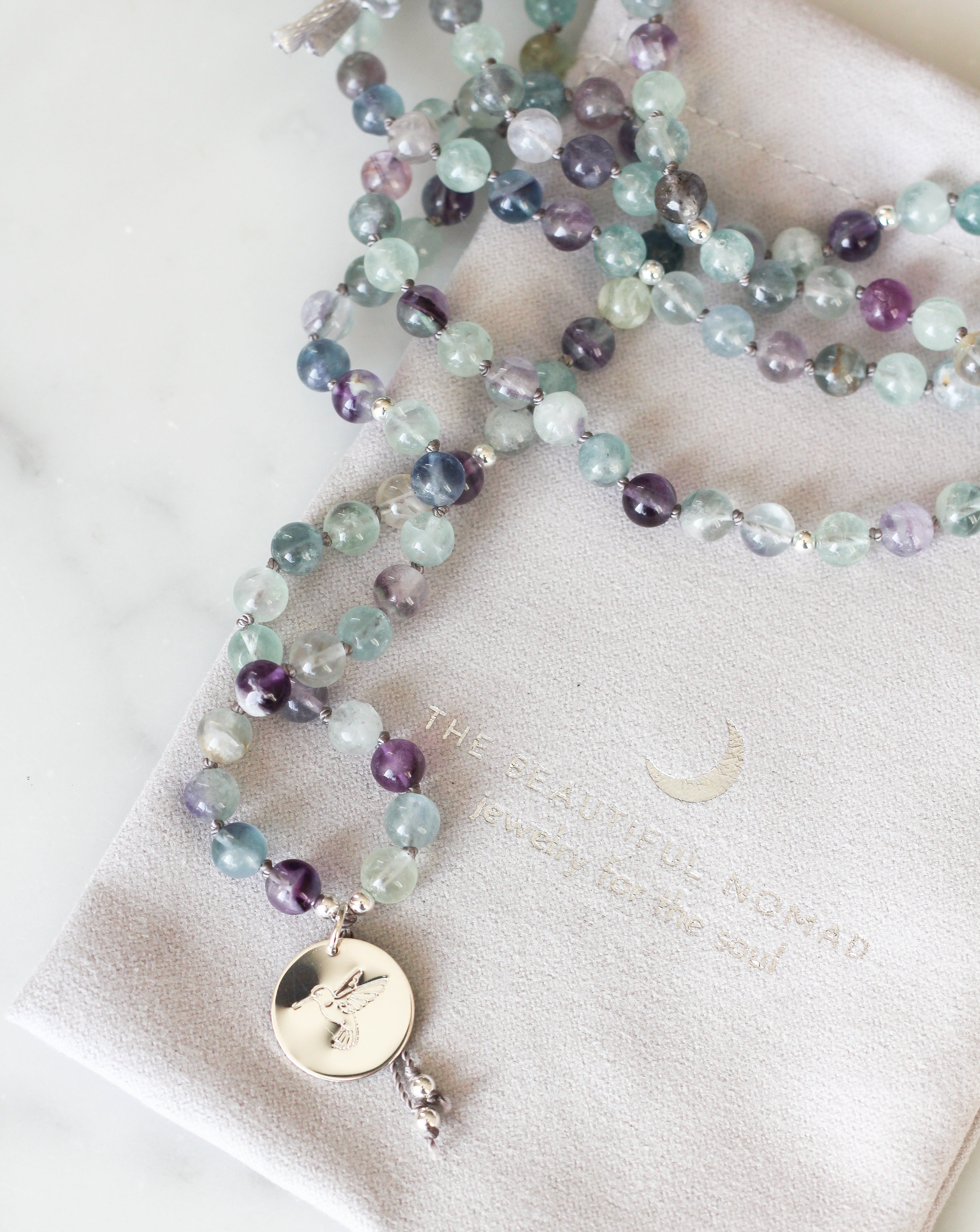 Fluorite mala beads necklace with pendant