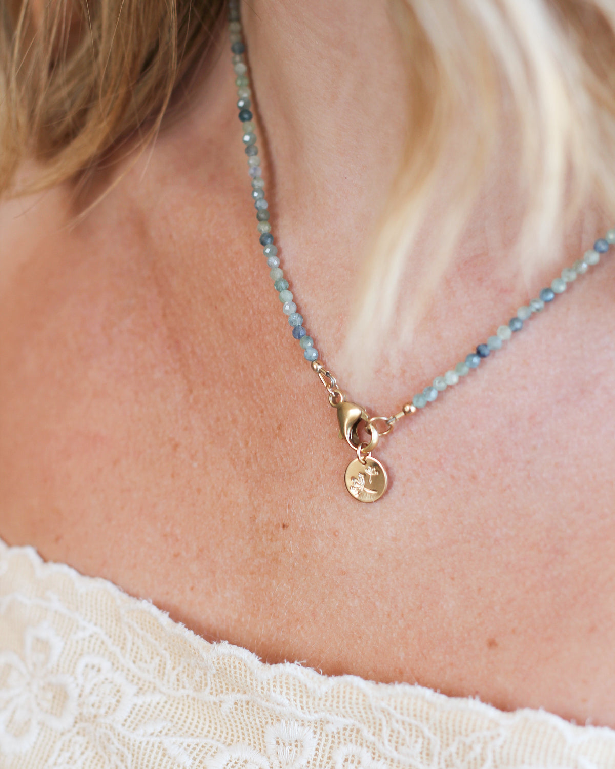Delicate bicolour Kyanite beaded necklace worn around the neck.