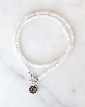 rose quartz intention necklace with silver heart charm