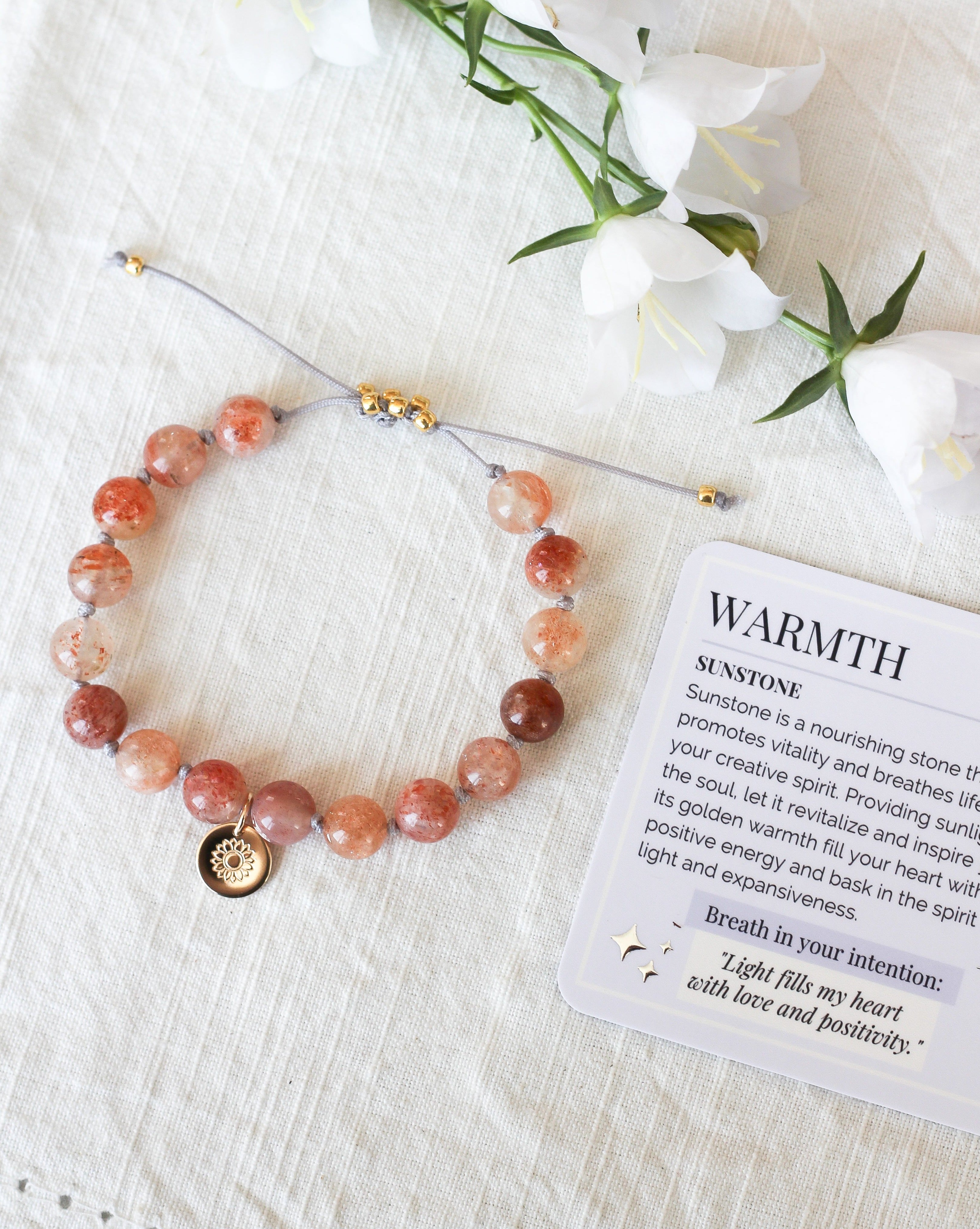 sunstone mala bracelet with sunflower charm