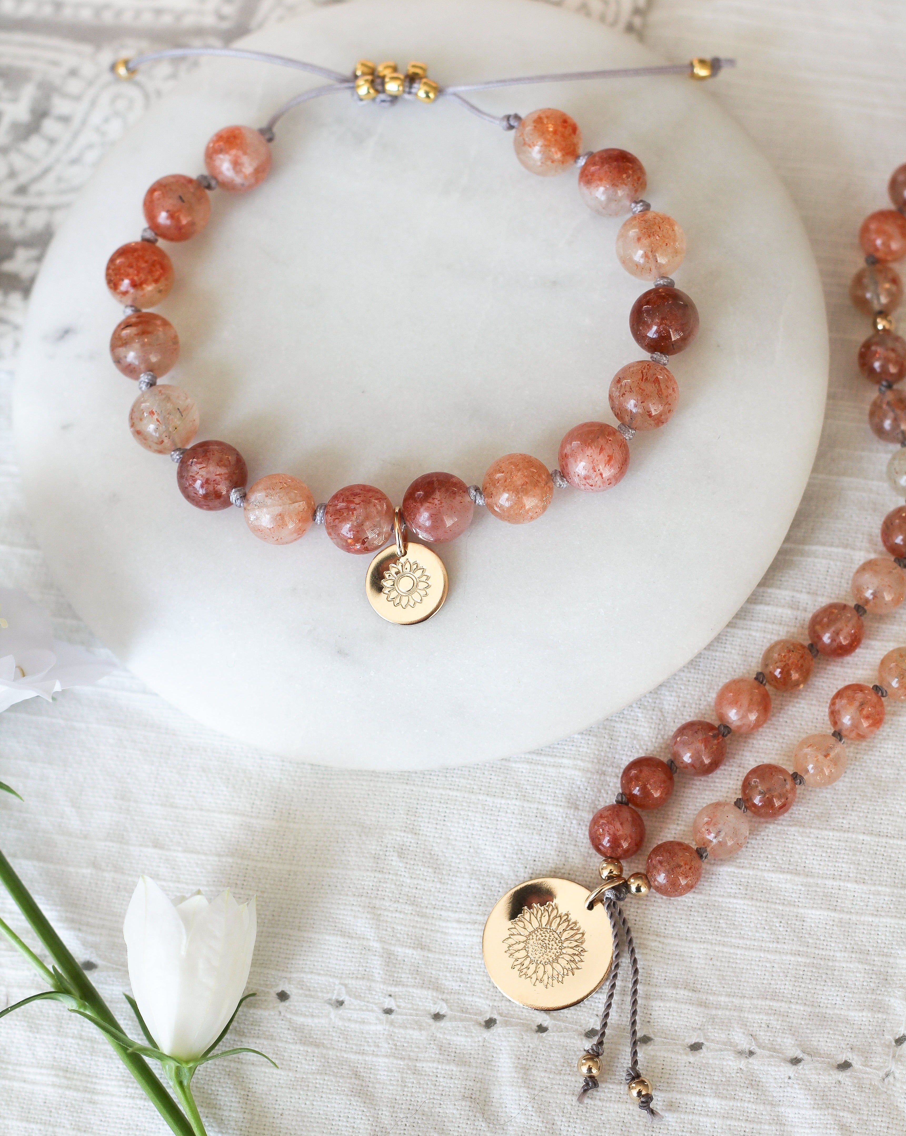 sunstone mala bracelet with sunflower charm