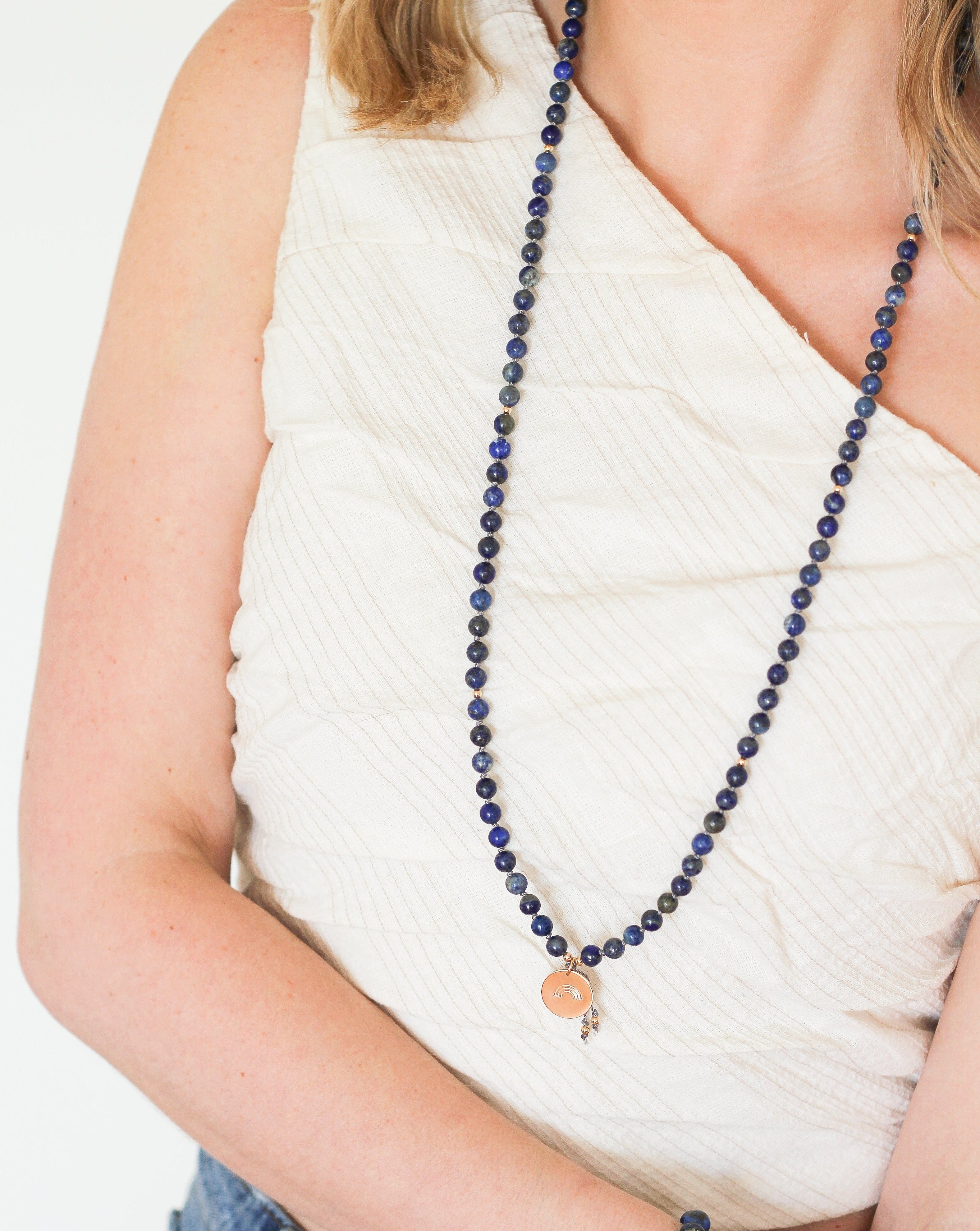 Wisdom Mala Pendant Necklace on model