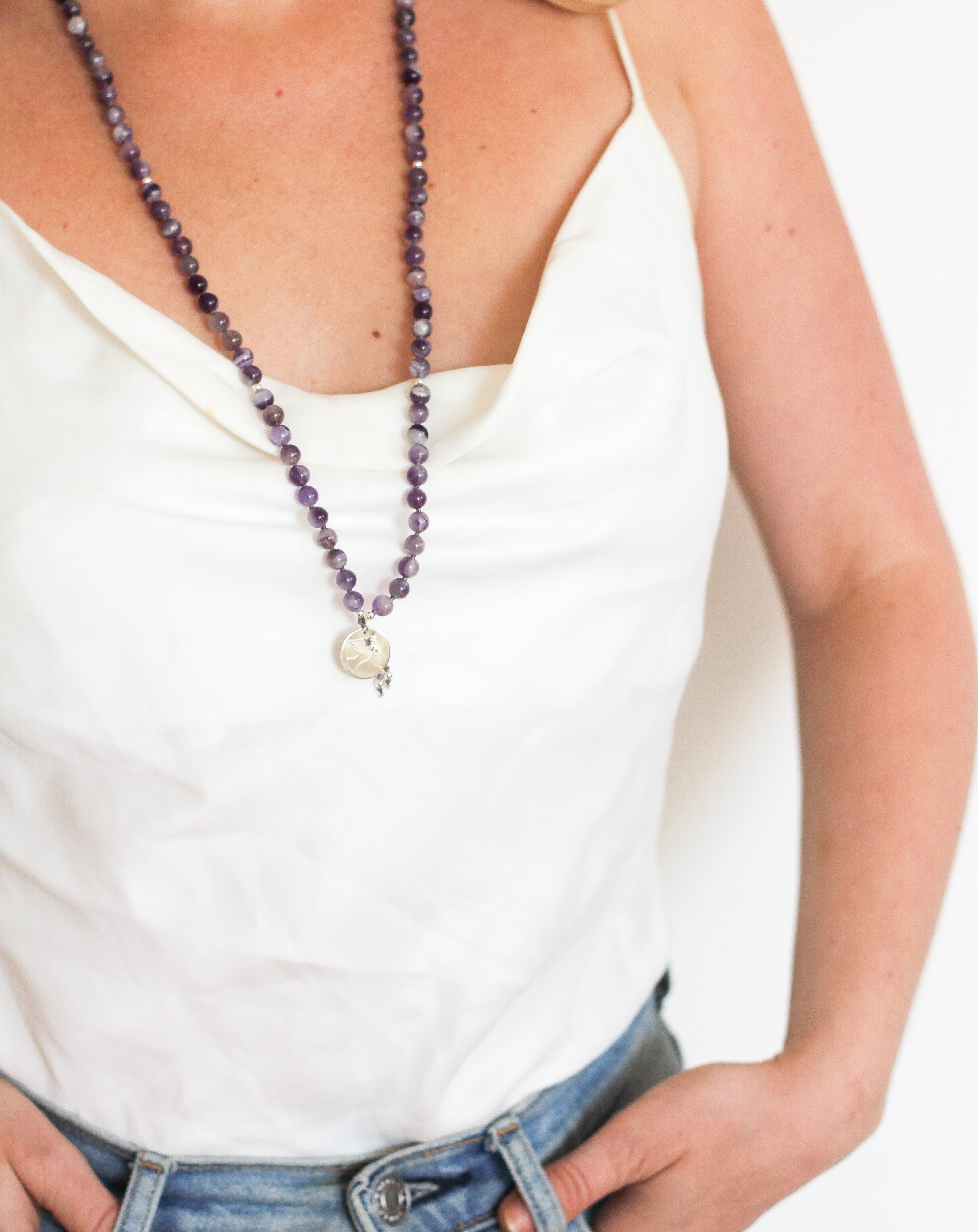 Amethyst Mala Pendant Necklace on model