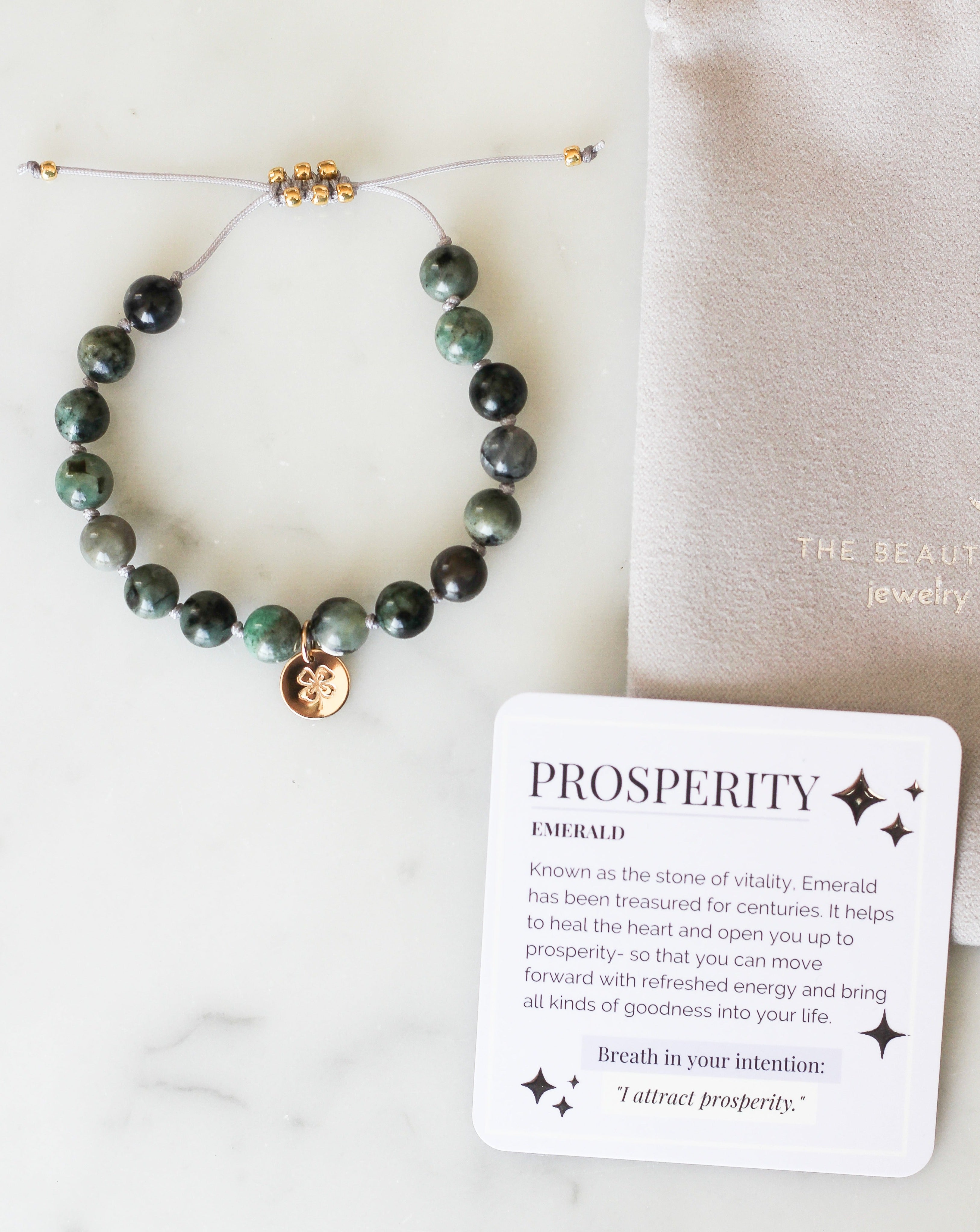 Emerald Mala Bracelet with clover charm