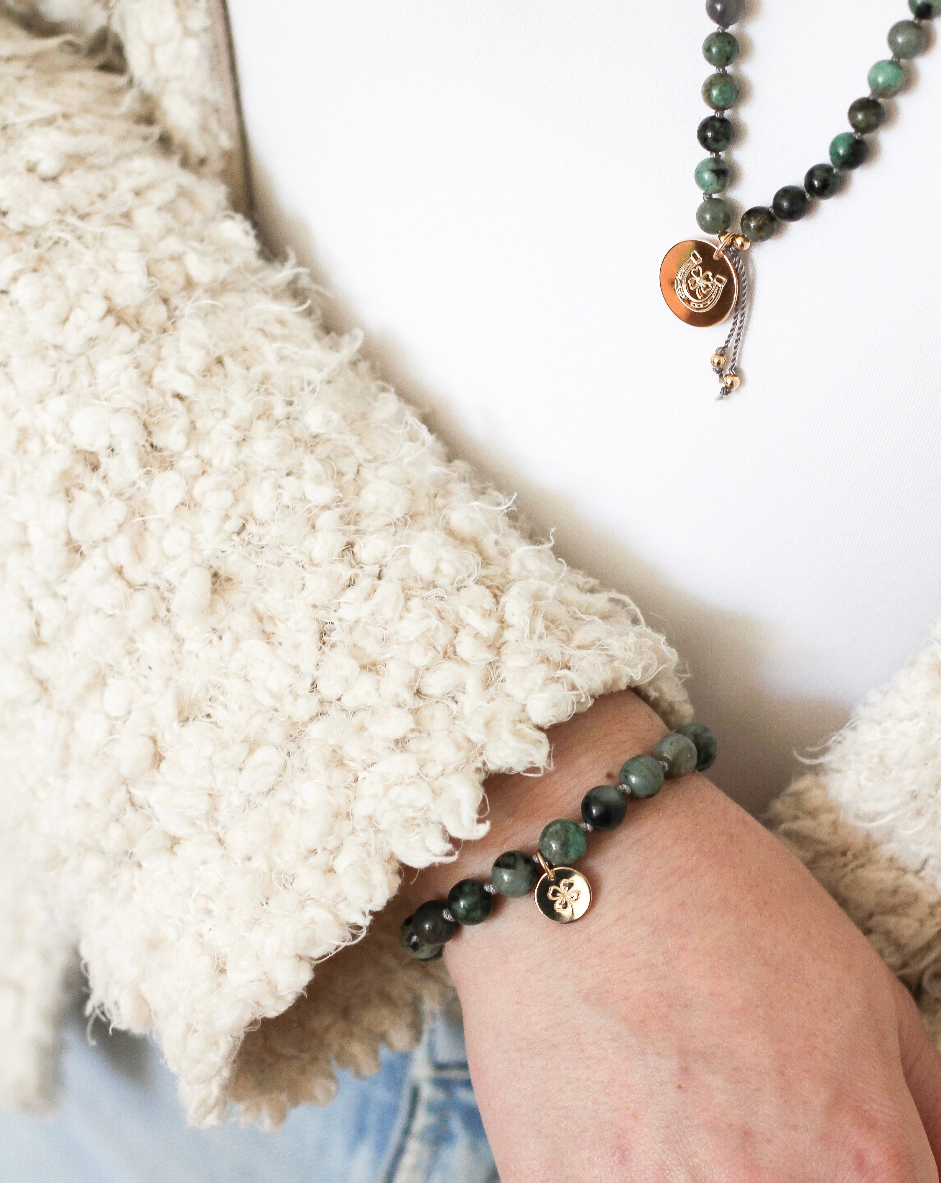 Emerald Mala Bracelet with clover charm