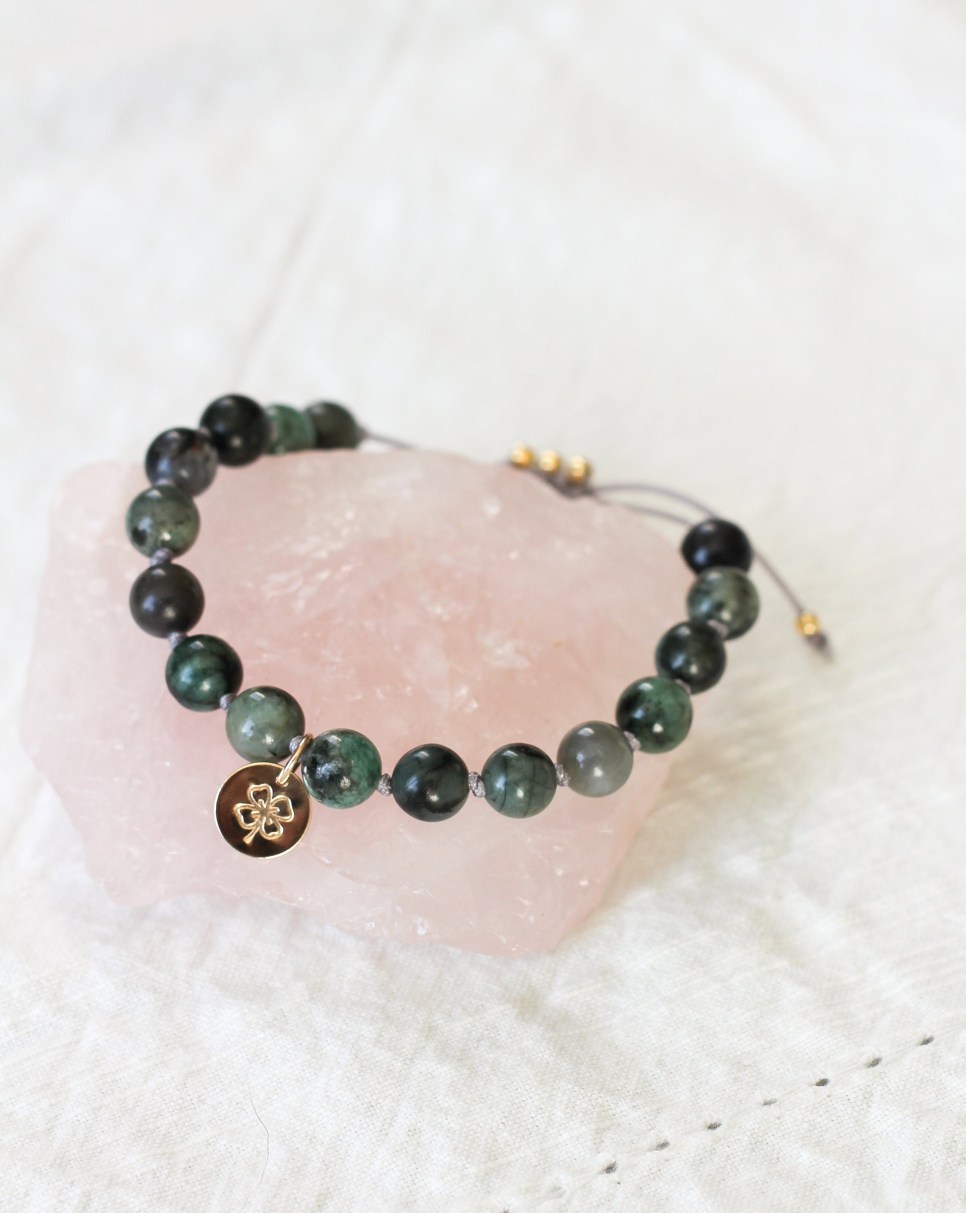 Emerald Mala Bracelet with clover charm