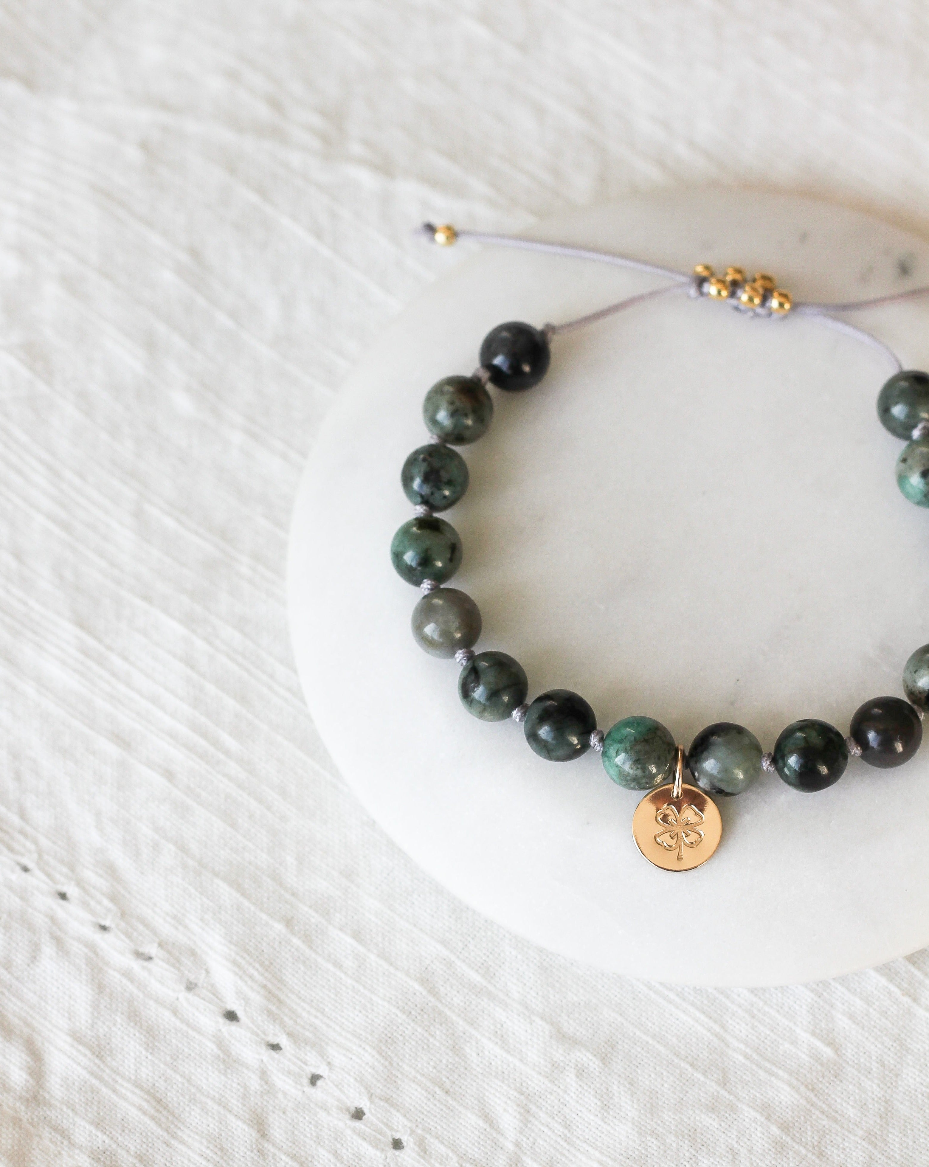Emerald Mala Bracelet with clover charm