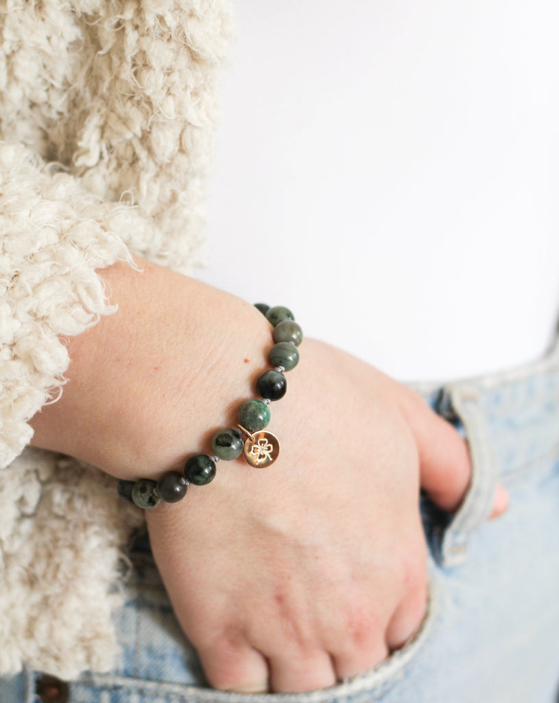 Emerald Mala Bracelet with clover charm