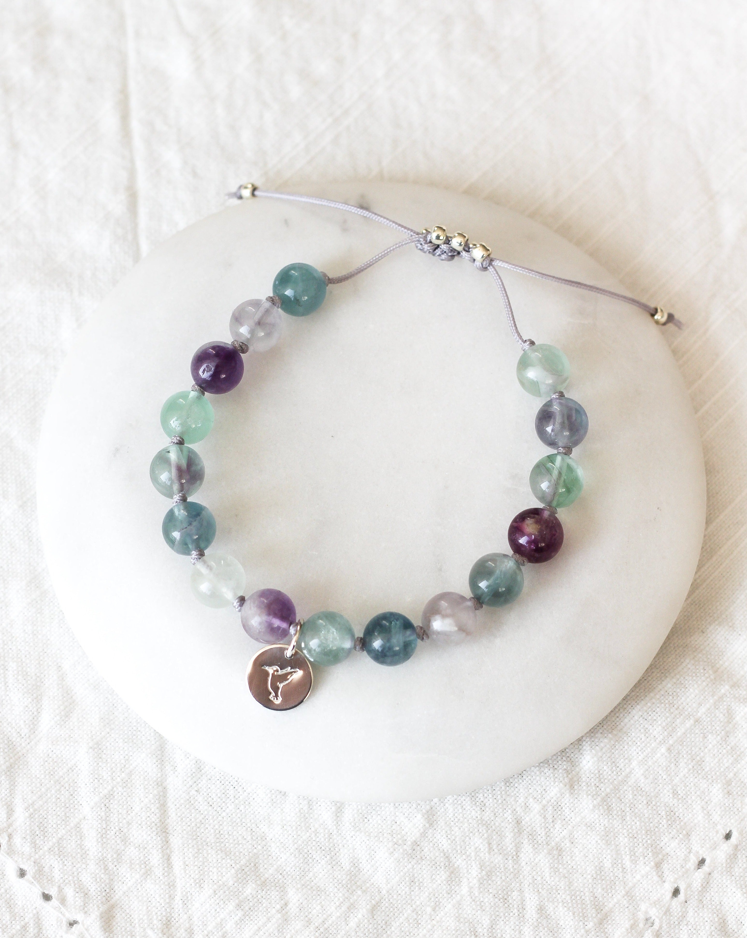 Fluorite Mala Bracelet with Hummingbird charm