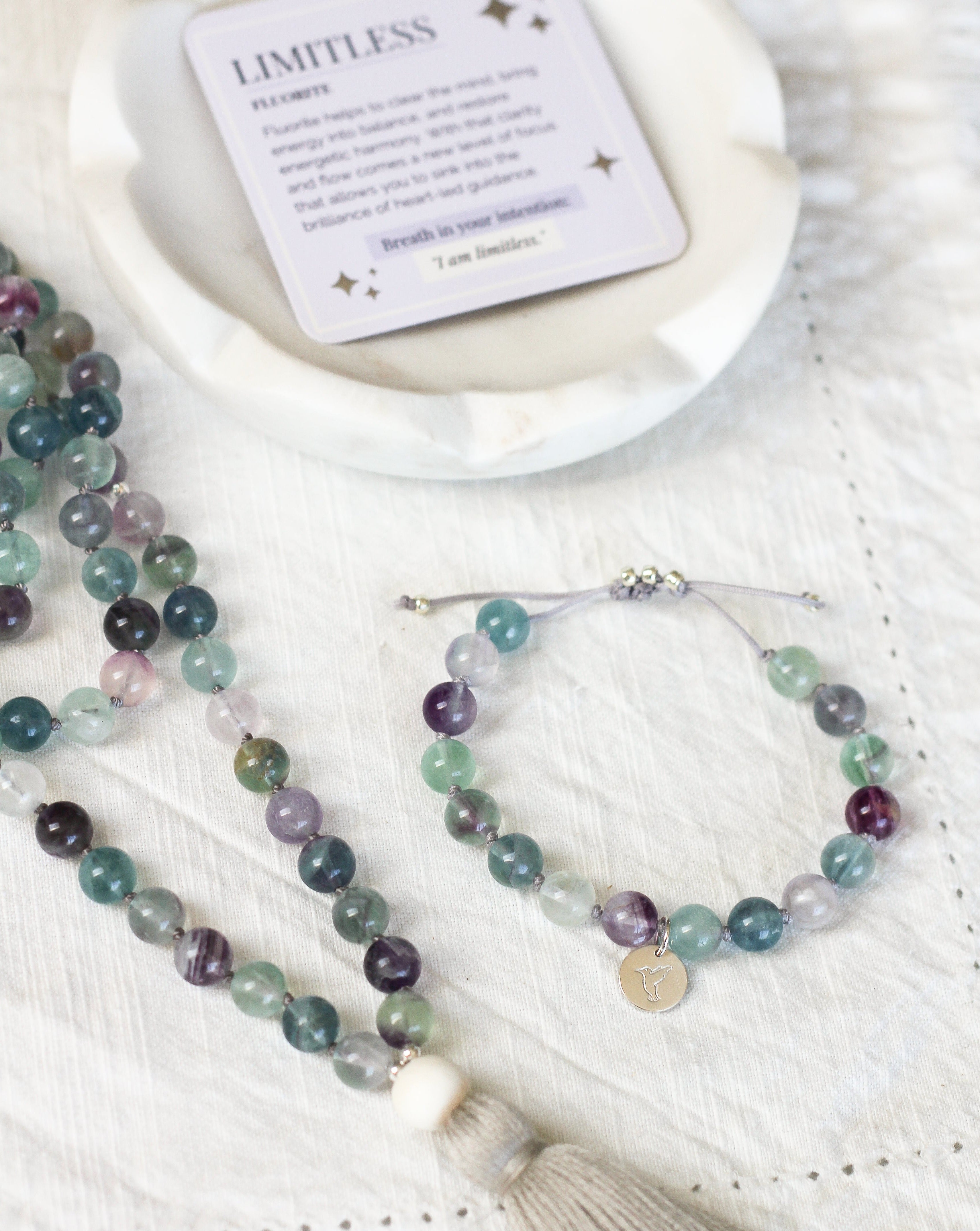 Fluorite Mala Bracelet with Hummingbird charm