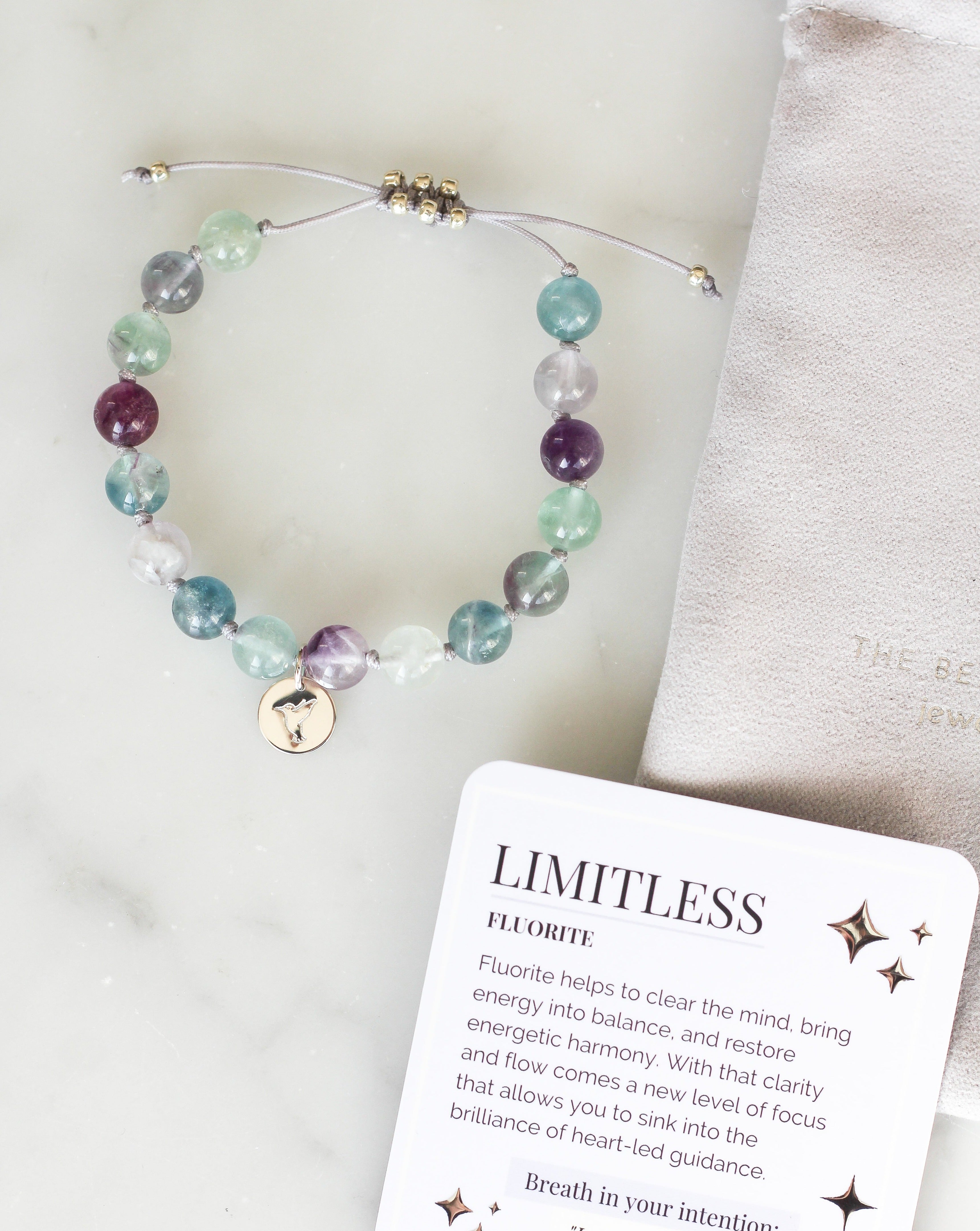 Fluorite Mala Bracelet with Hummingbird charm