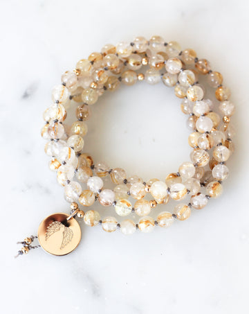 golden rutilated quartz mala pendant necklace 