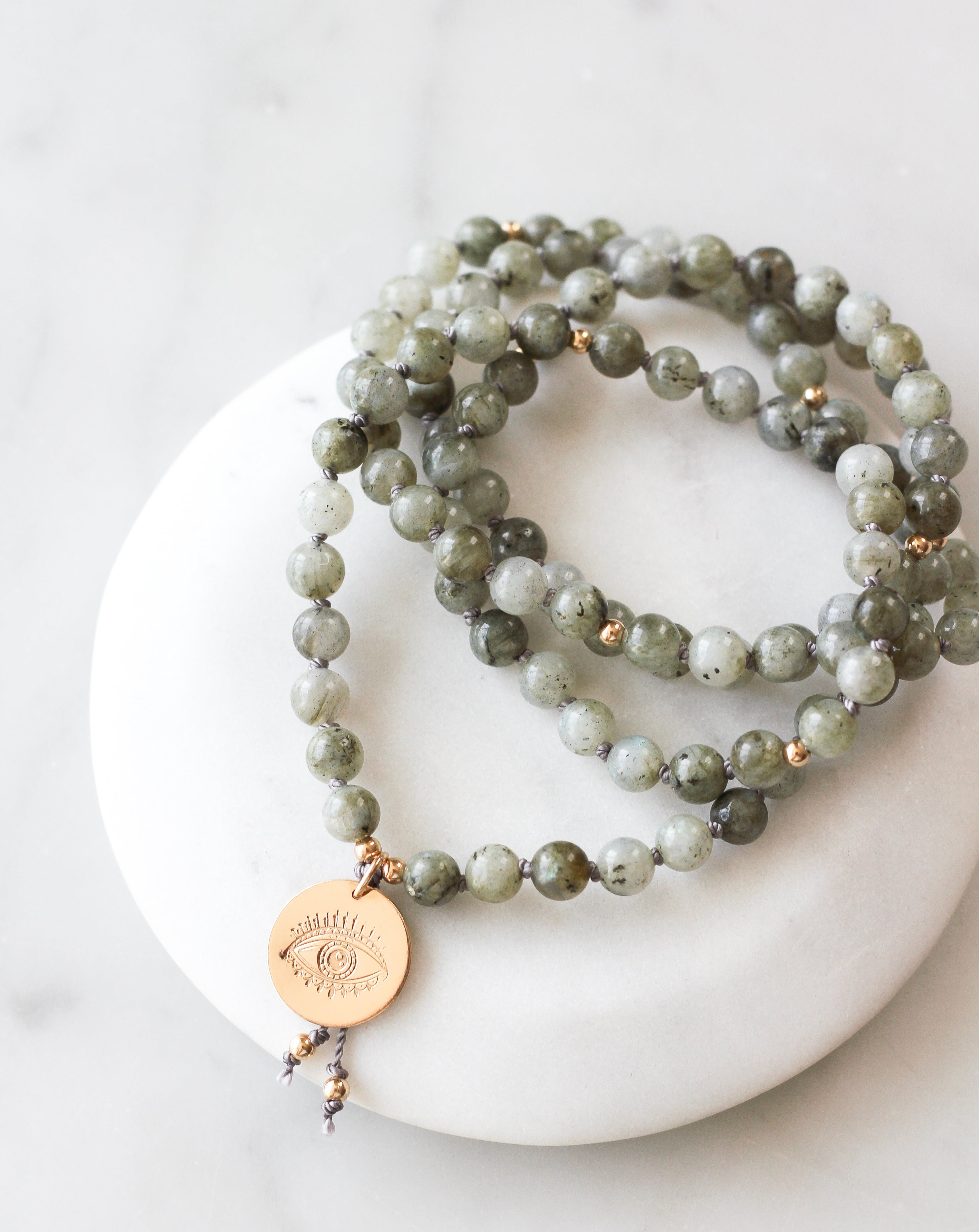Labradorite Mala Pendant Necklace with Evil Eye charm