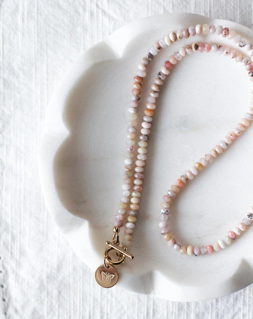 pink opal intention necklace with butterfly charm