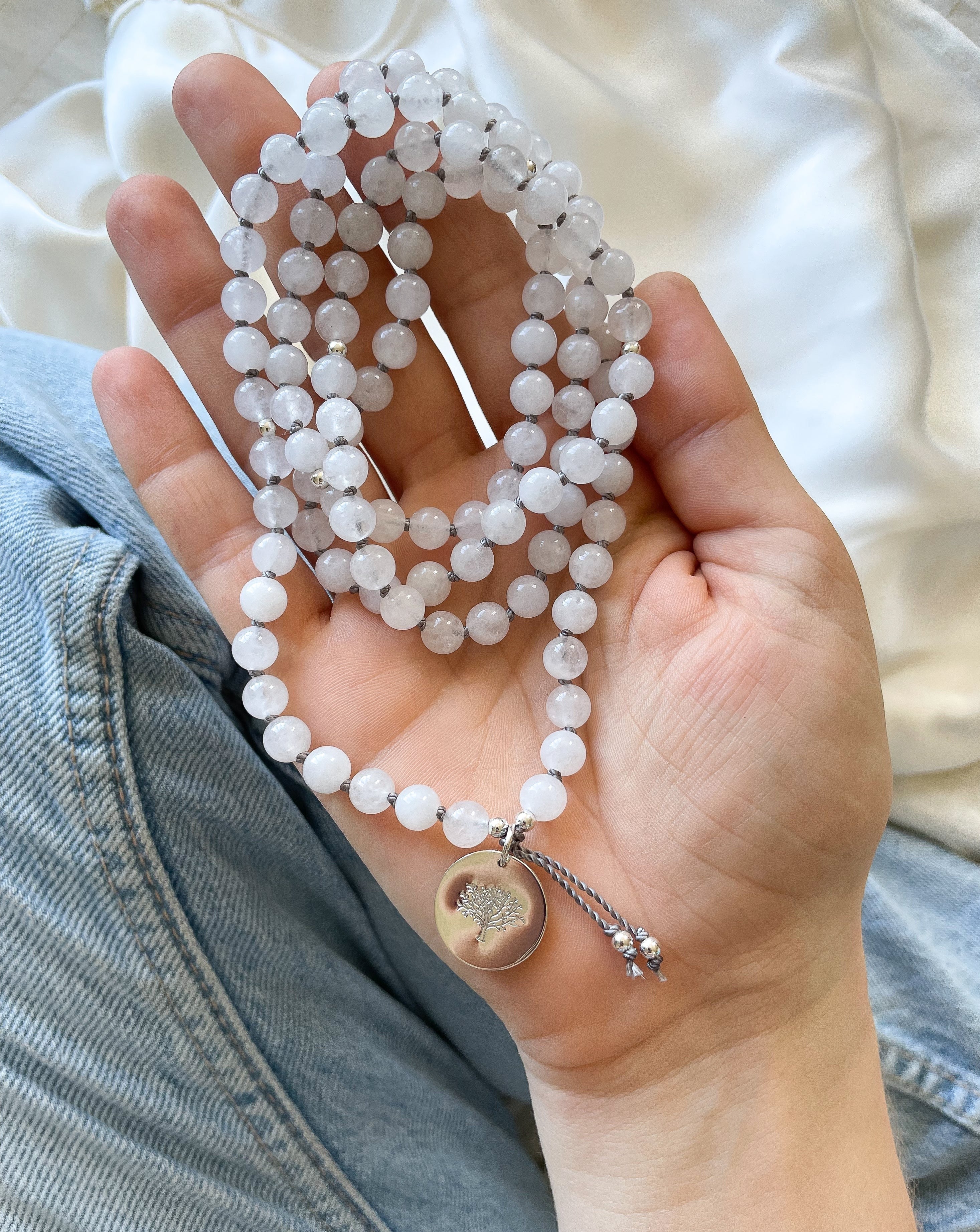 Quartz Mala Pendant Necklace on model