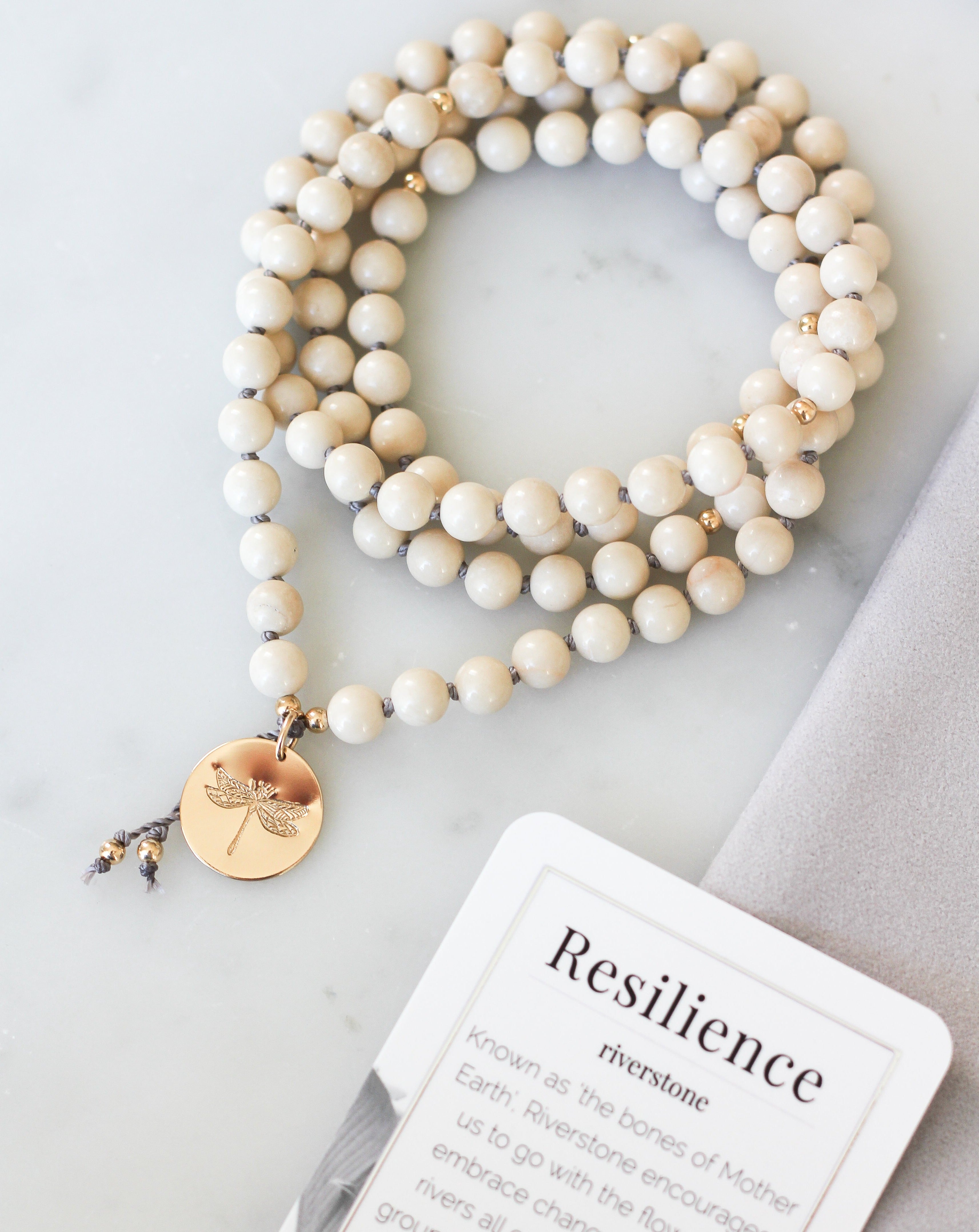 riverstone mala pendant necklace with meaning card