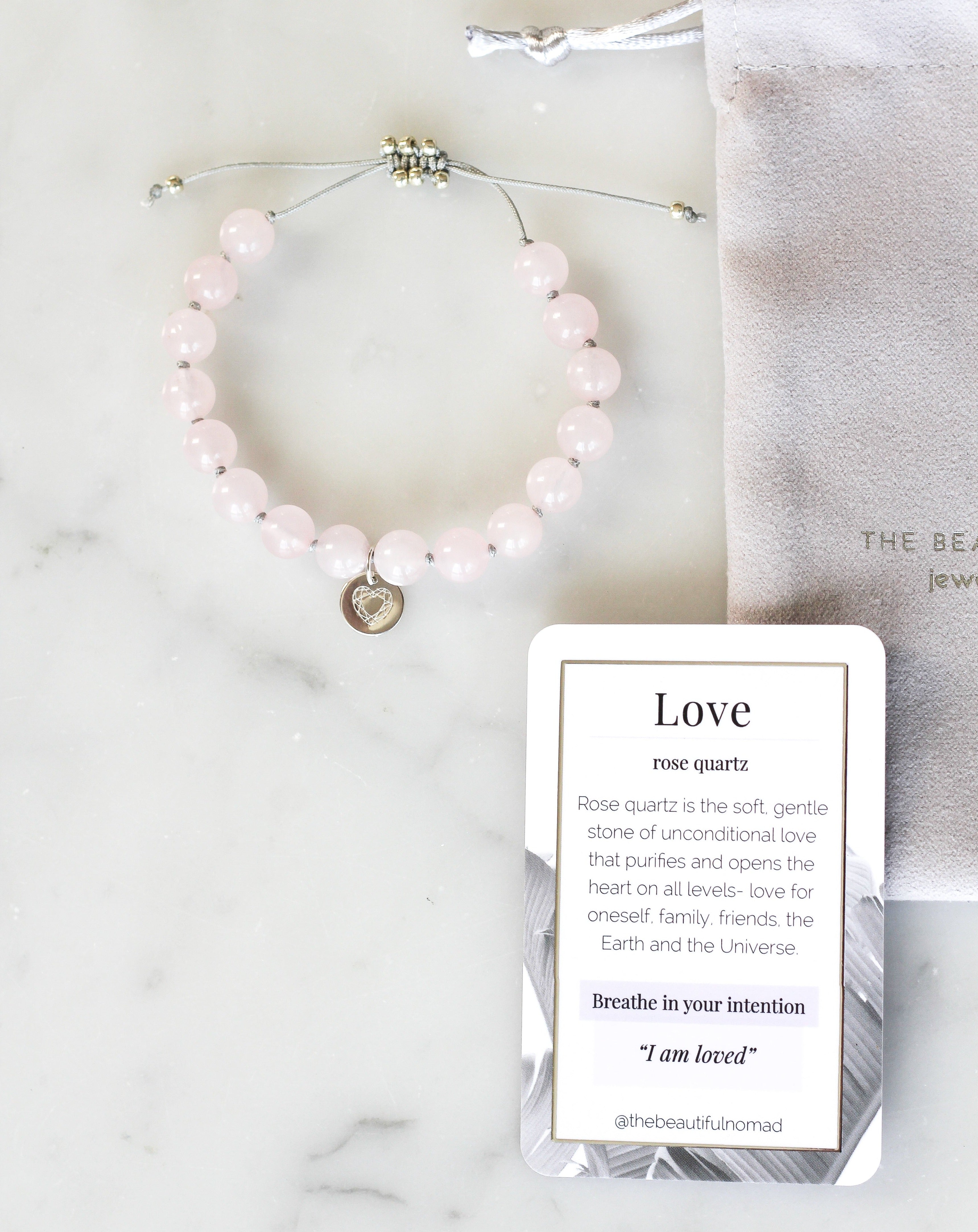 Rose Quartz Mala Bracelet with meaning card